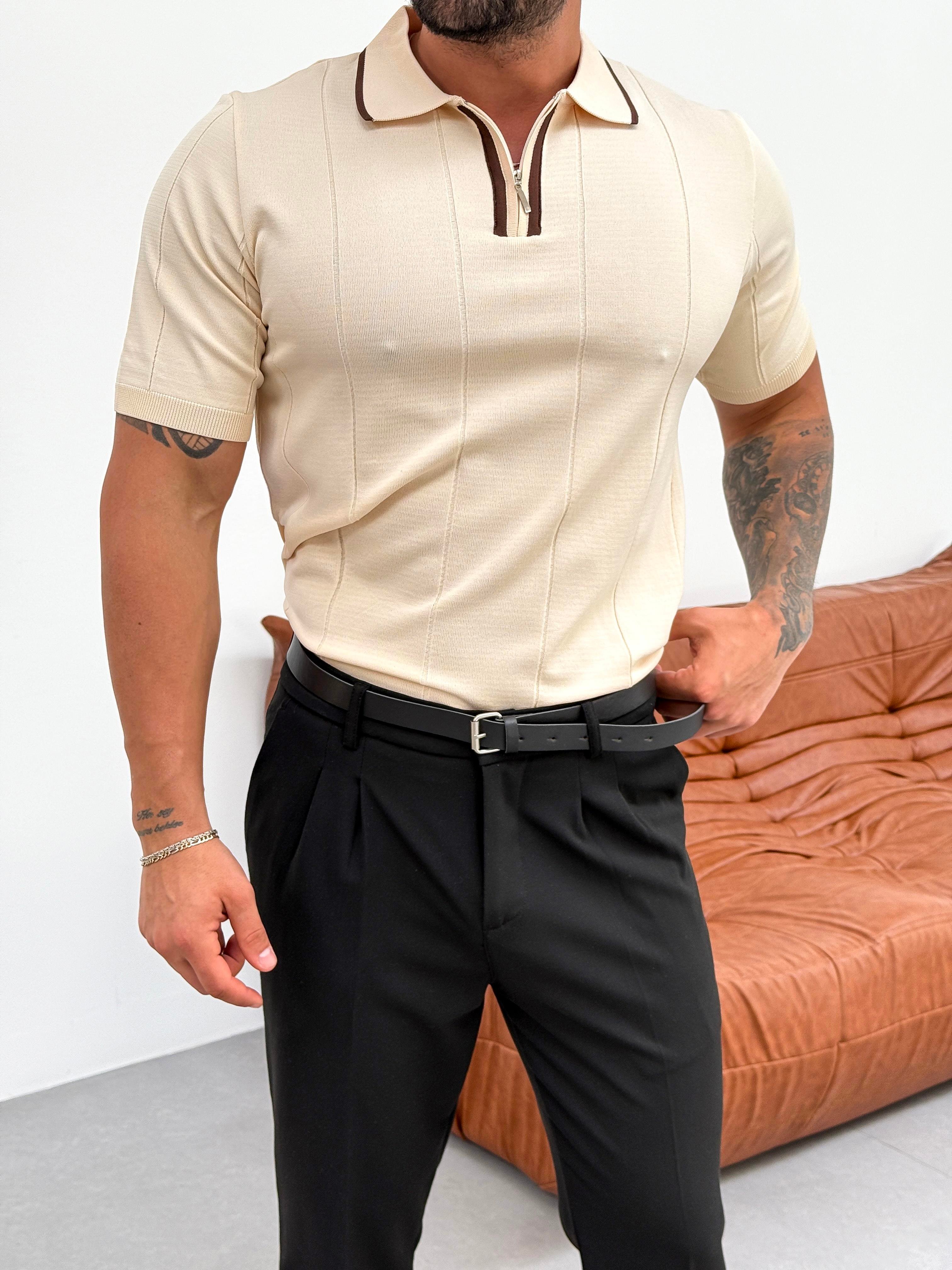 T-SHİRTKrem Yarım Fermuarlı Triko Pamuk T-shirt TK