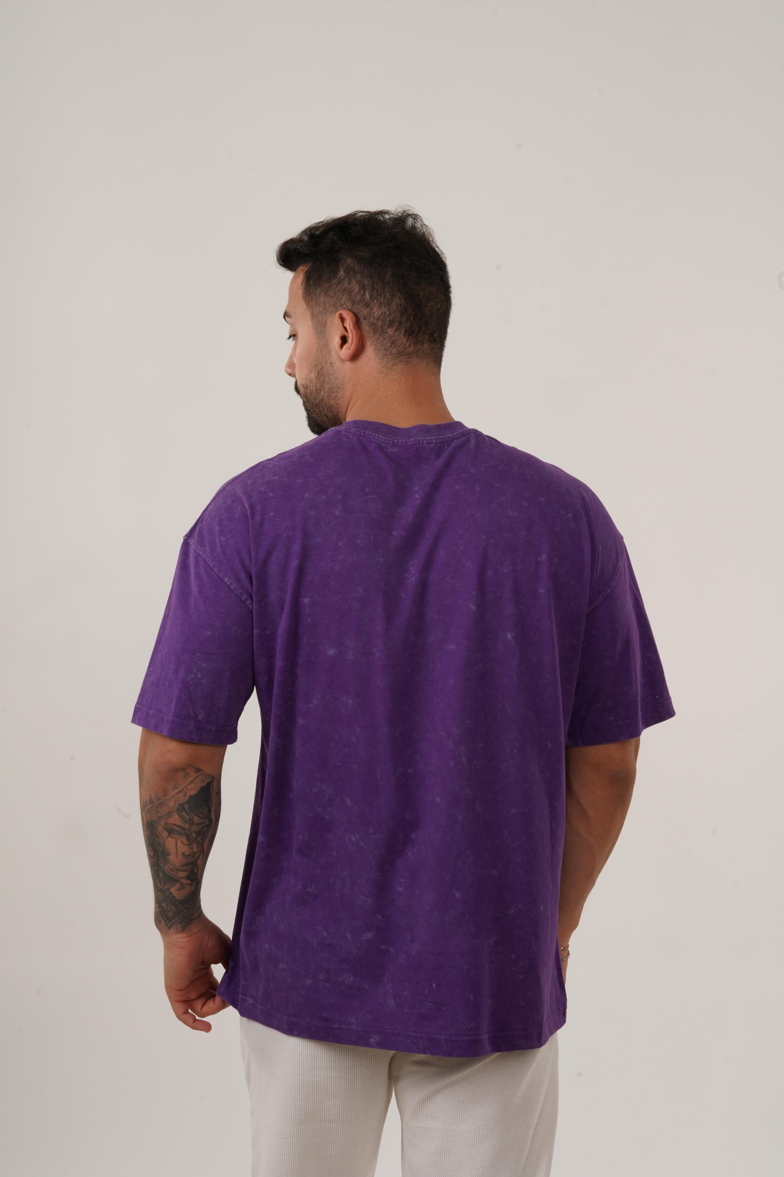 T-SHİRTMor Yıkamalı Compak Pamuk Oversize T-Shirt PLZ