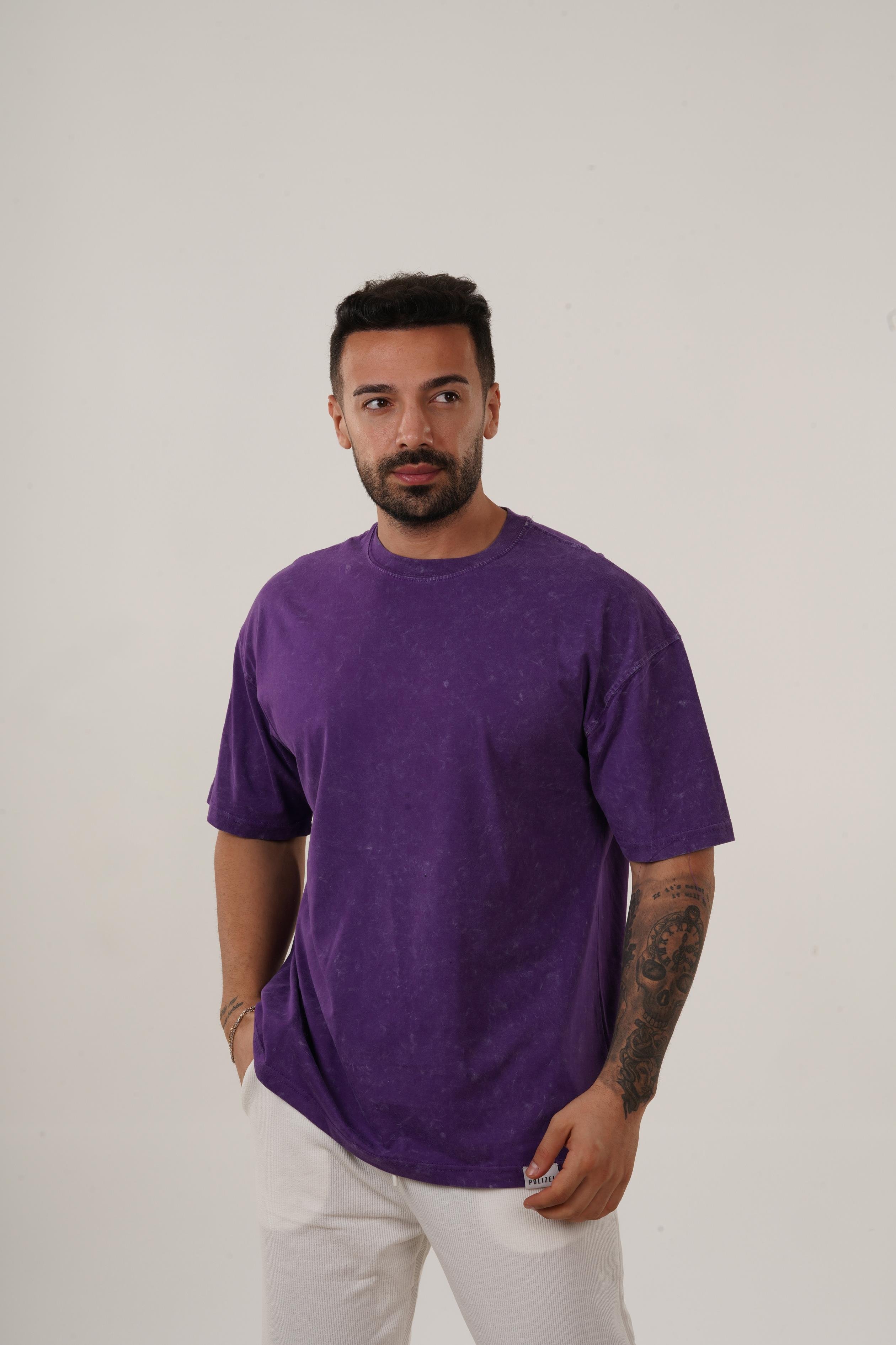 T-SHİRTMor Yıkamalı Compak Pamuk Oversize T-Shirt PLZ
