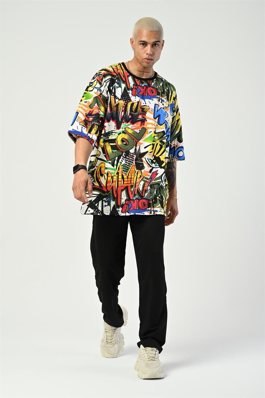T-SHİRTRenkli Wow Ok Dijital Baskı Oversize T-SHIRT GRK