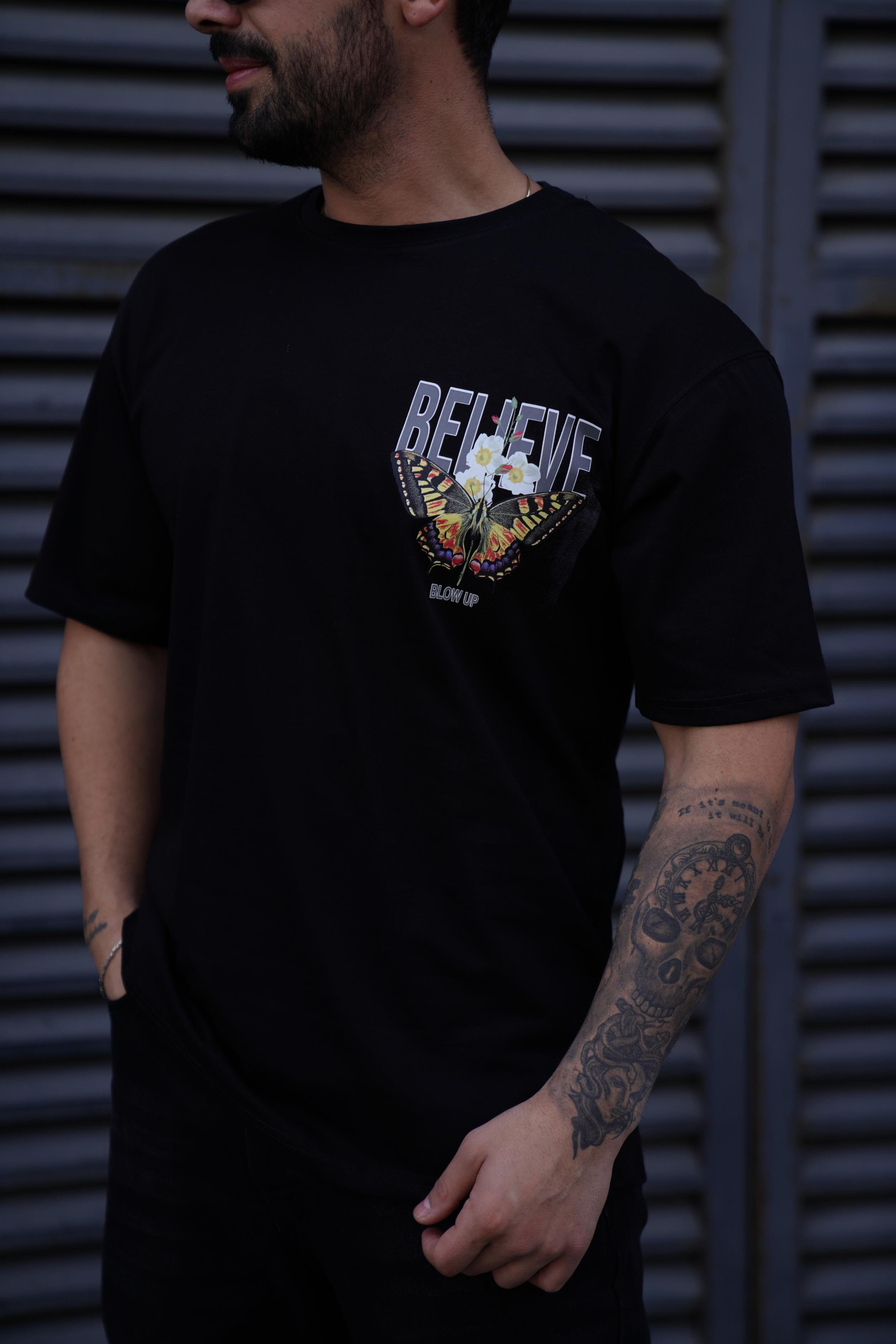 T-SHİRTSiyah Believe Baskılı Oversize T-Shirt TK