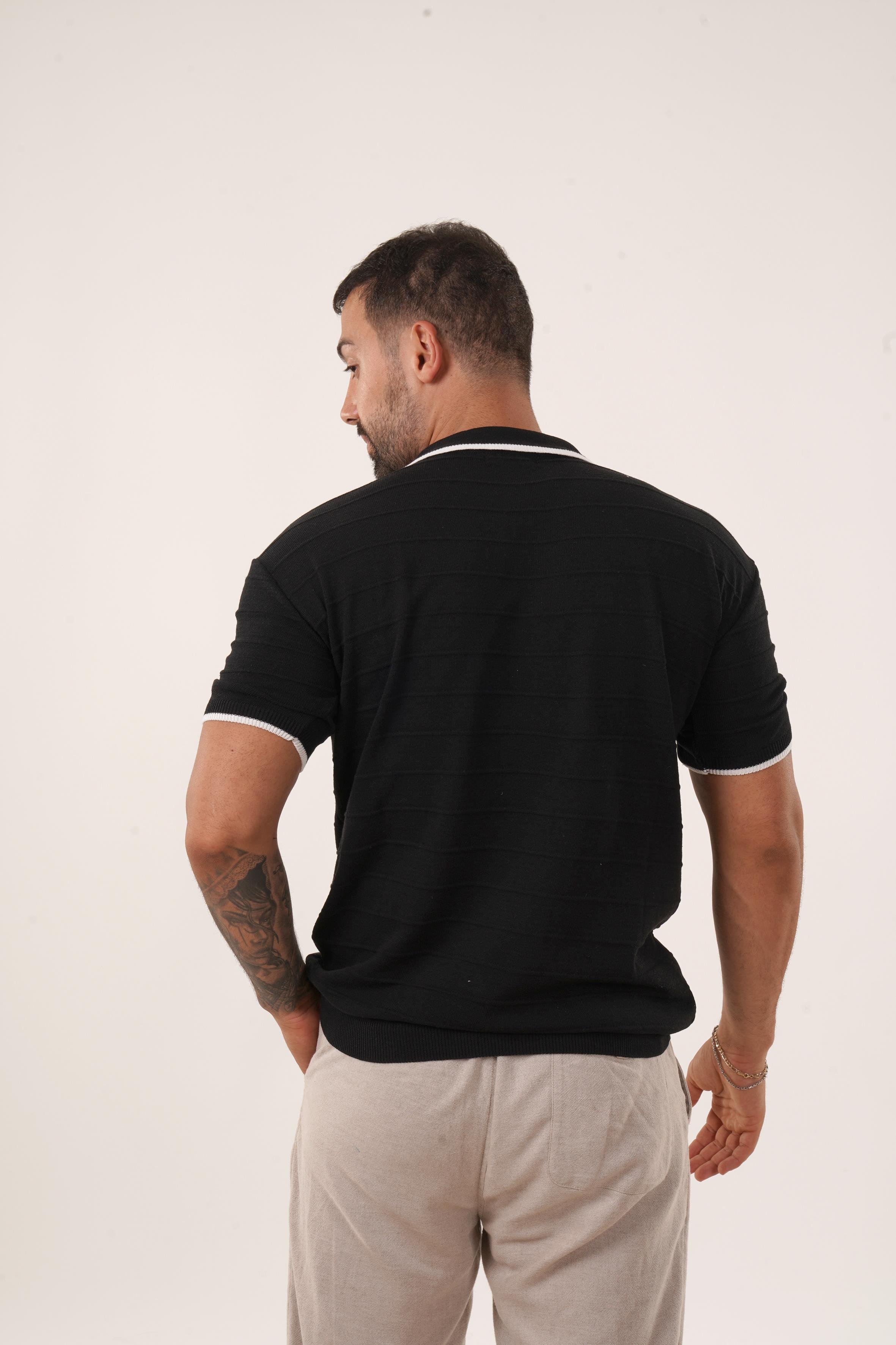 T-SHİRTSiyah Krem Şeritli Triko Polo Yaka TB