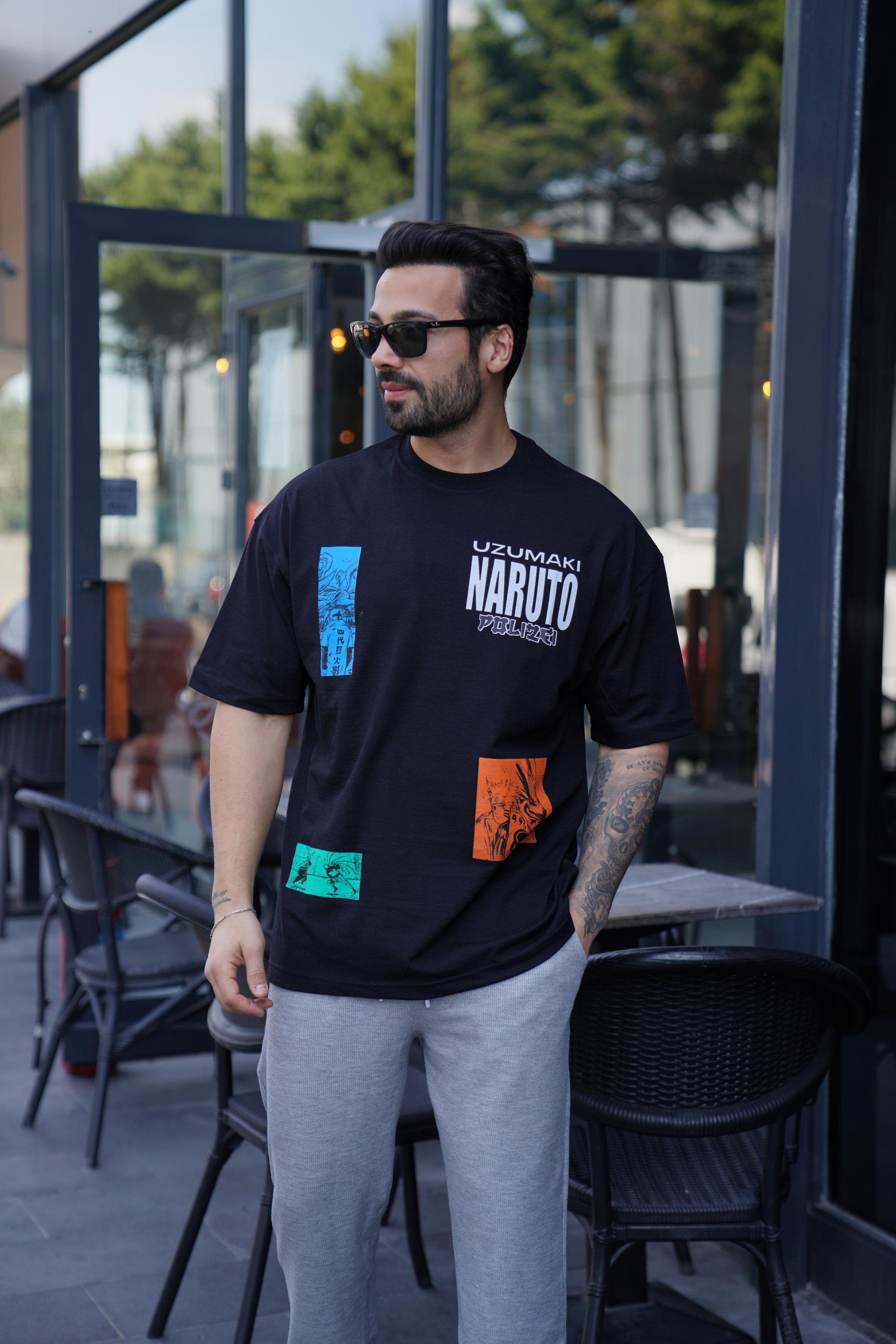 T-SHİRTSiyah NARUTO İskelet Baskılı Oversize T-Shirt VSK