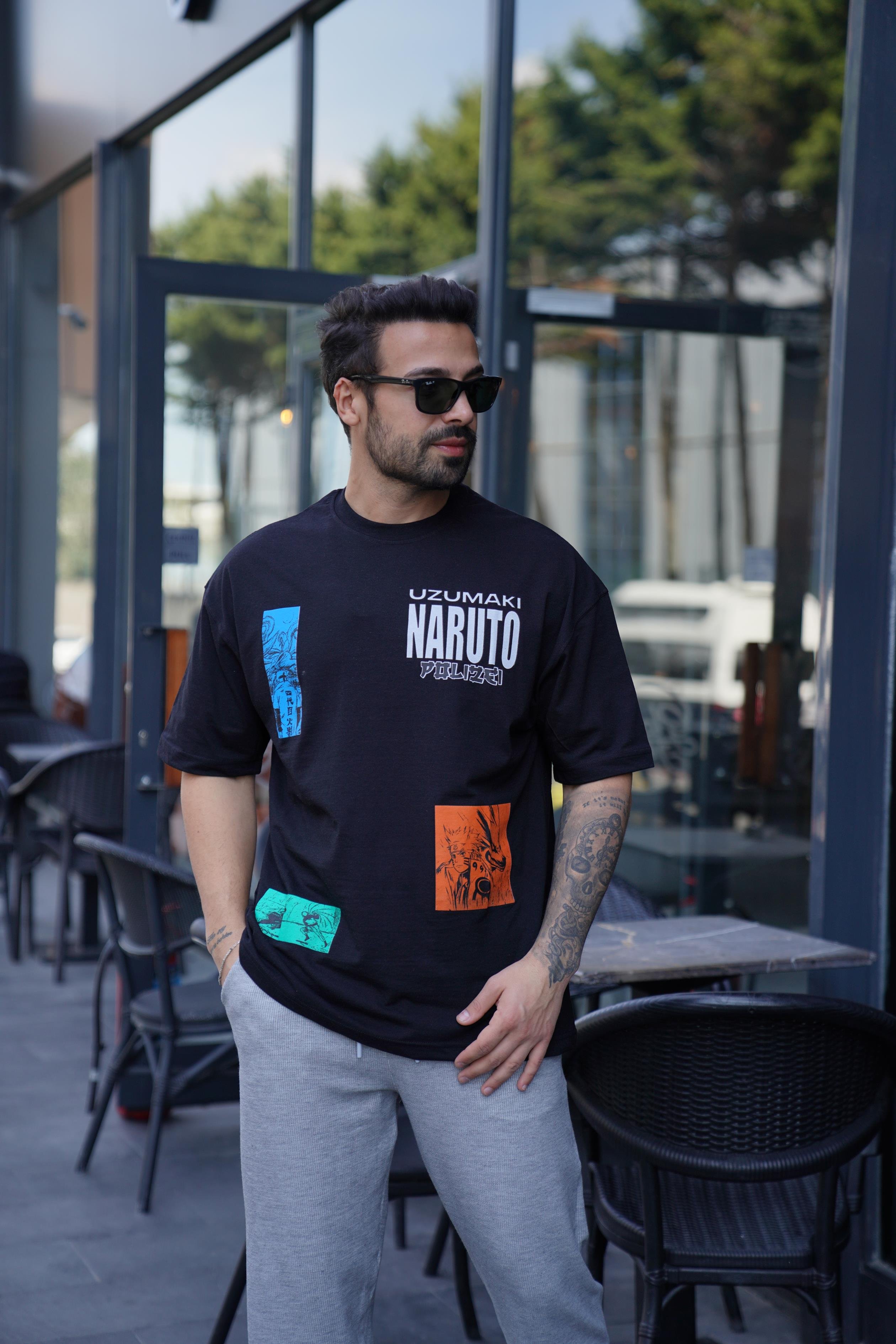 T-SHİRTSiyah NARUTO İskelet Baskılı Oversize T-Shirt VSK