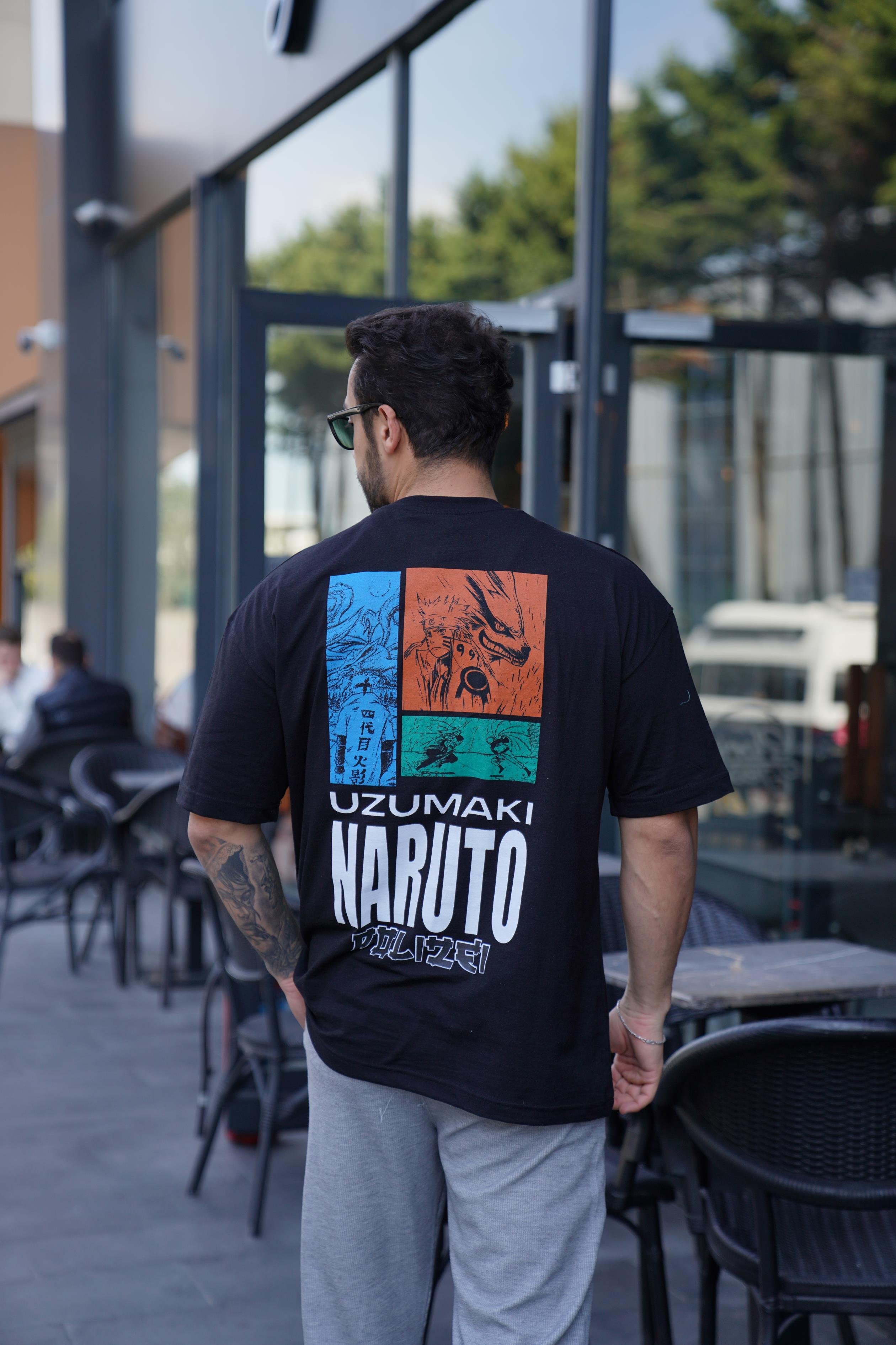 T-SHİRTSiyah NARUTO İskelet Baskılı Oversize T-Shirt VSK