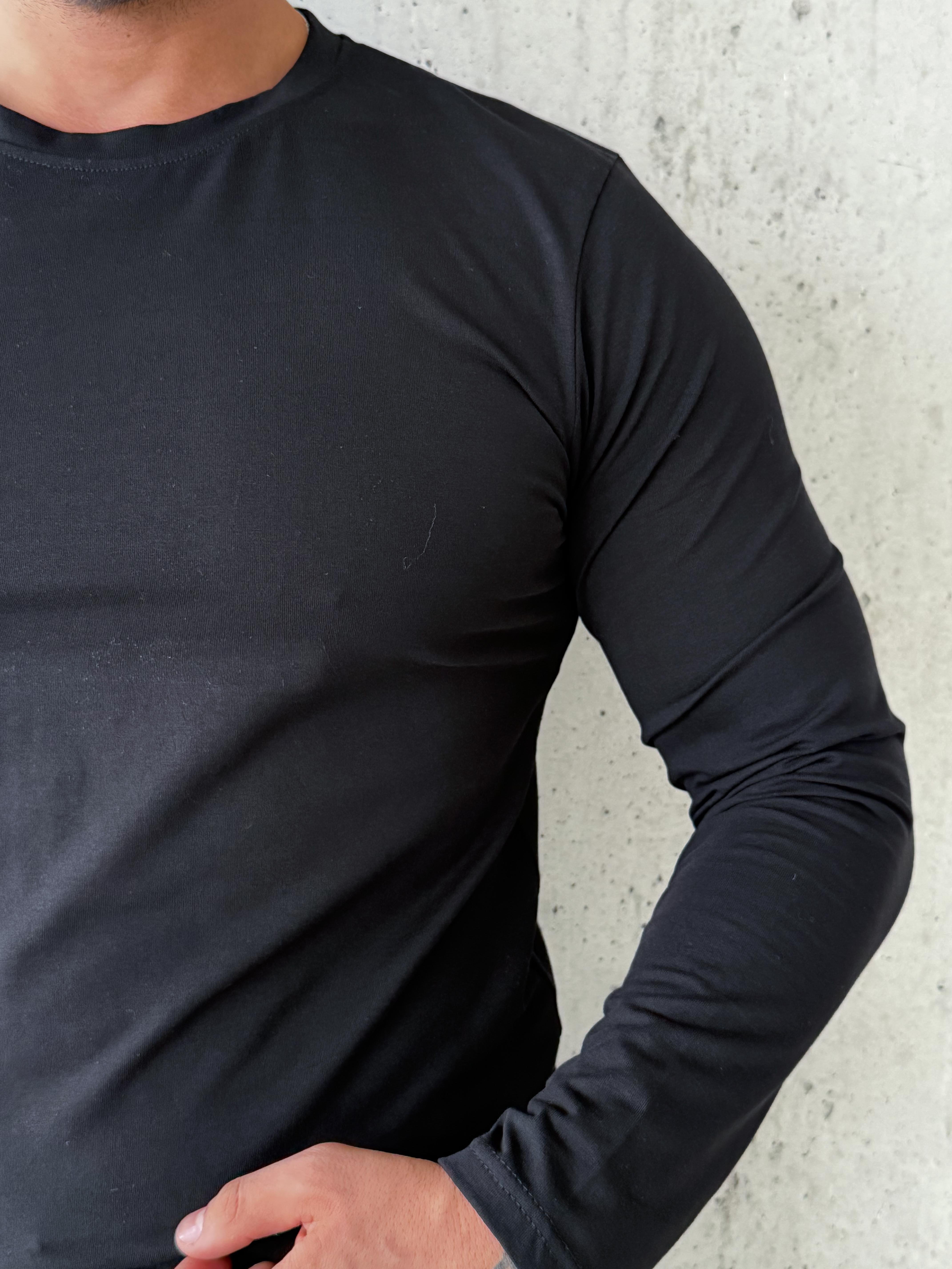 T-SHİRTSiyah Penye Pamuk Basic Uzun Kol T-shirt SC