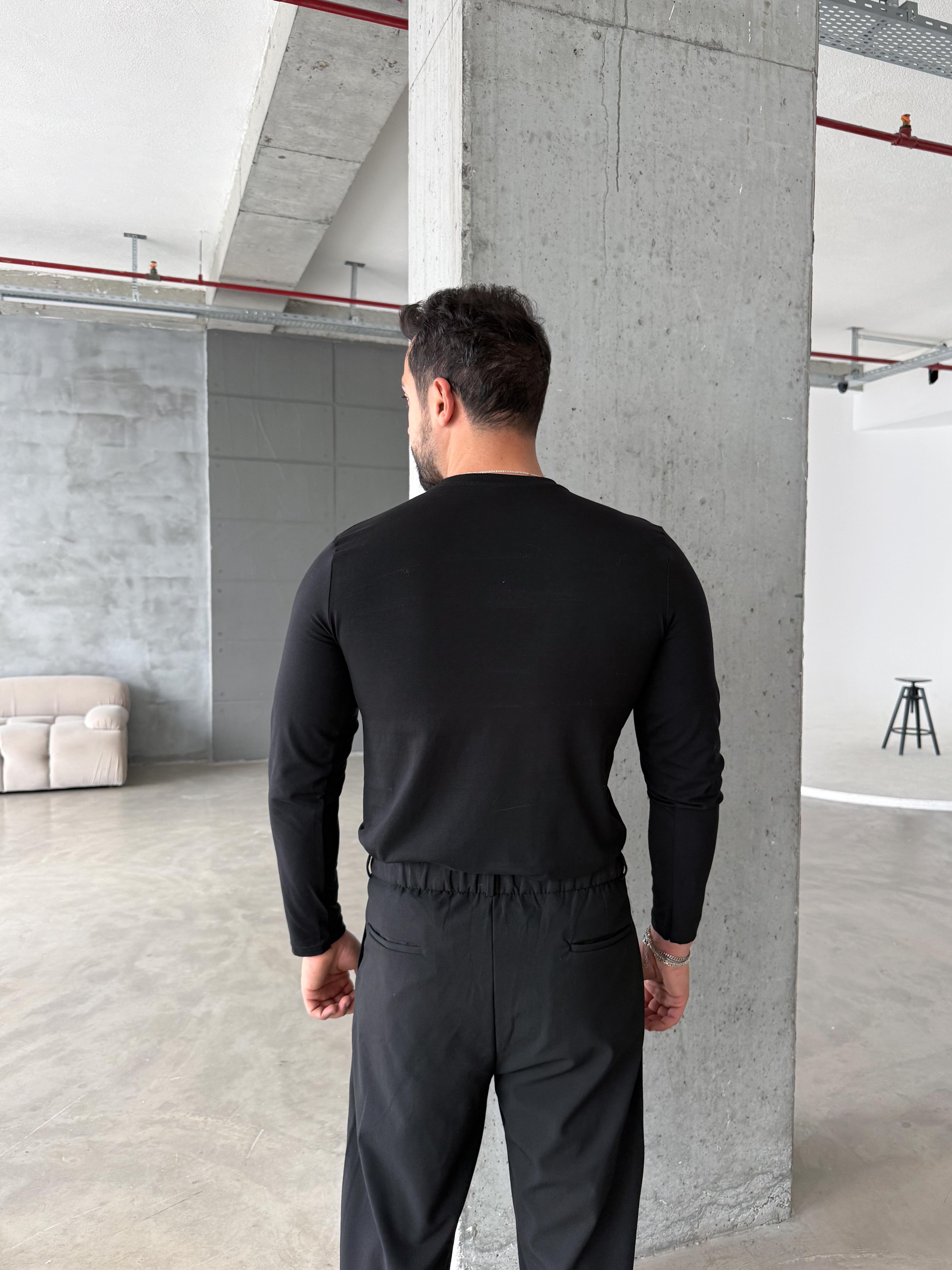 T-SHİRTSiyah Penye Pamuk Basic Uzun Kol T-shirt SC