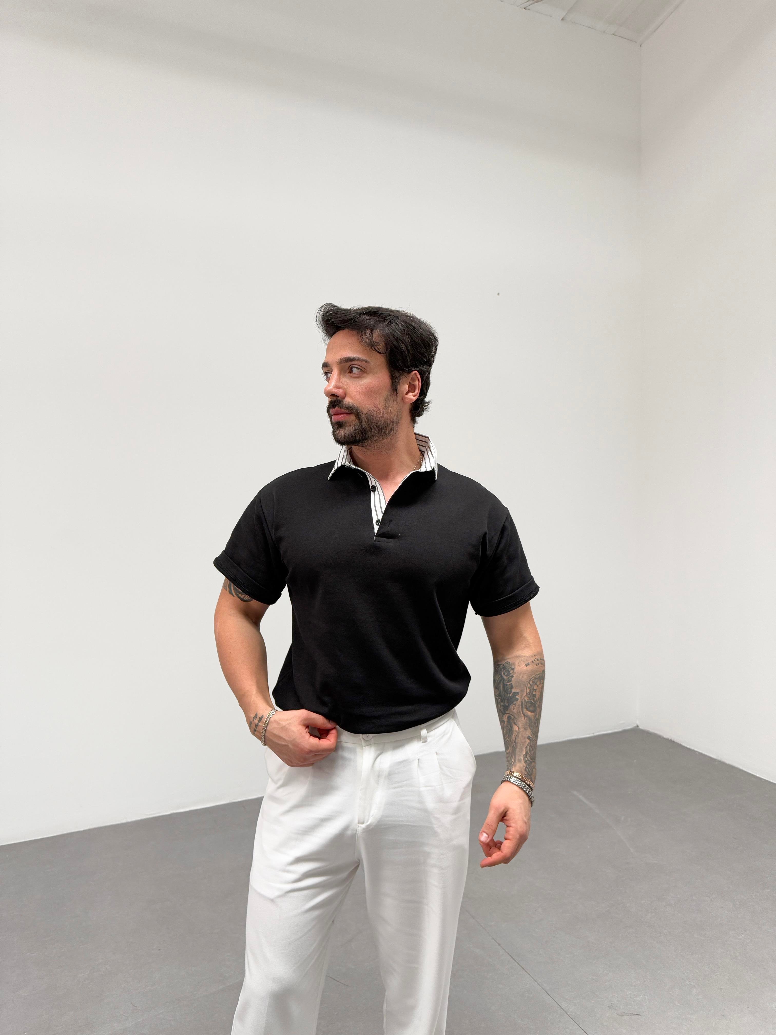 T-SHİRTSiyah Yakası Çizgili Polo Yaka T-shirt SNZ 1005