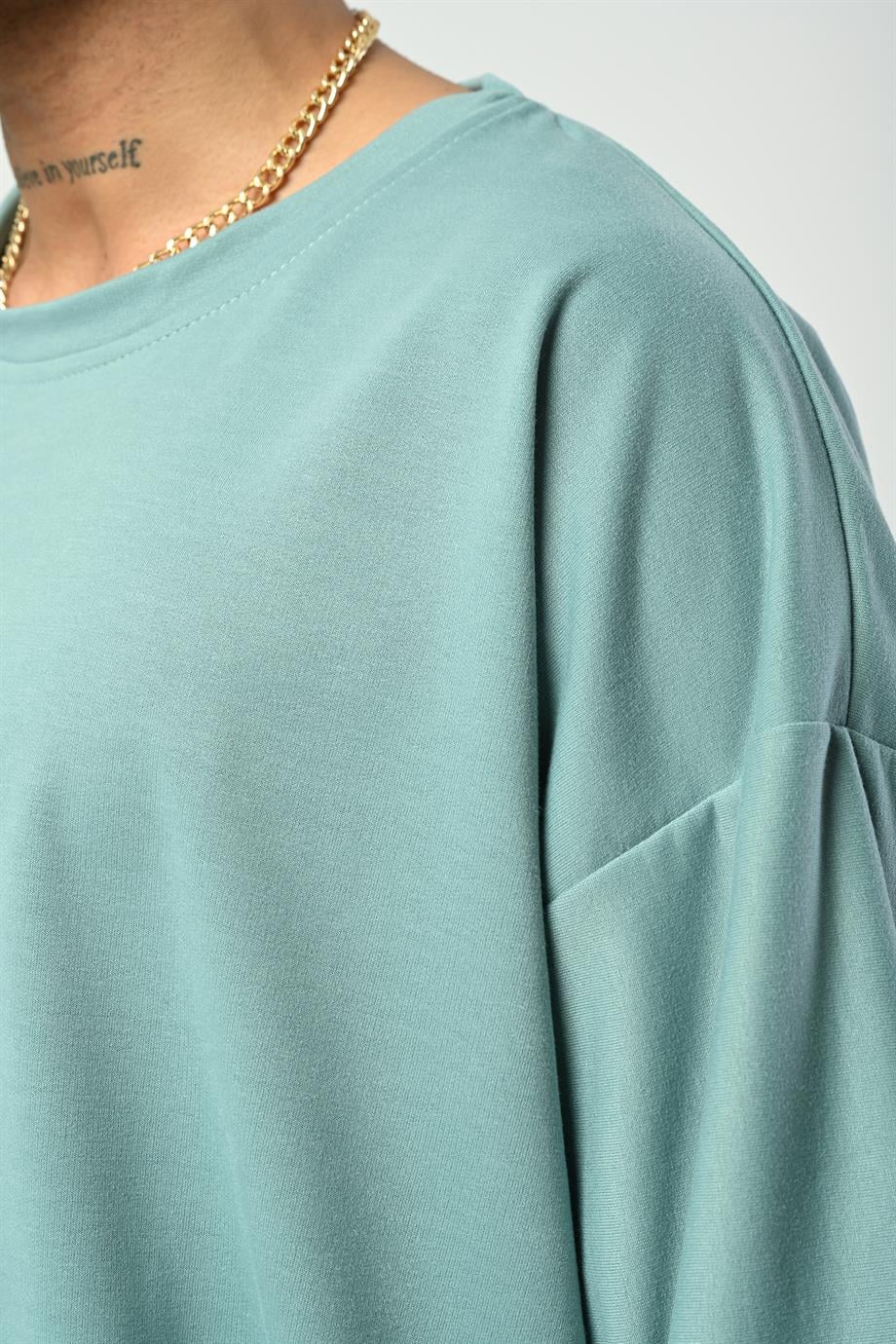 T-SHİRTSuyeşili 2 İplik Double Kalıp Oversize T-SHIRT GRK
