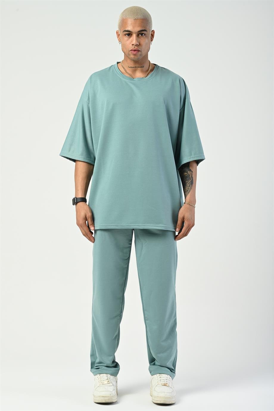 T-SHİRTSuyeşili 2 İplik Double Kalıp Oversize T-SHIRT GRK