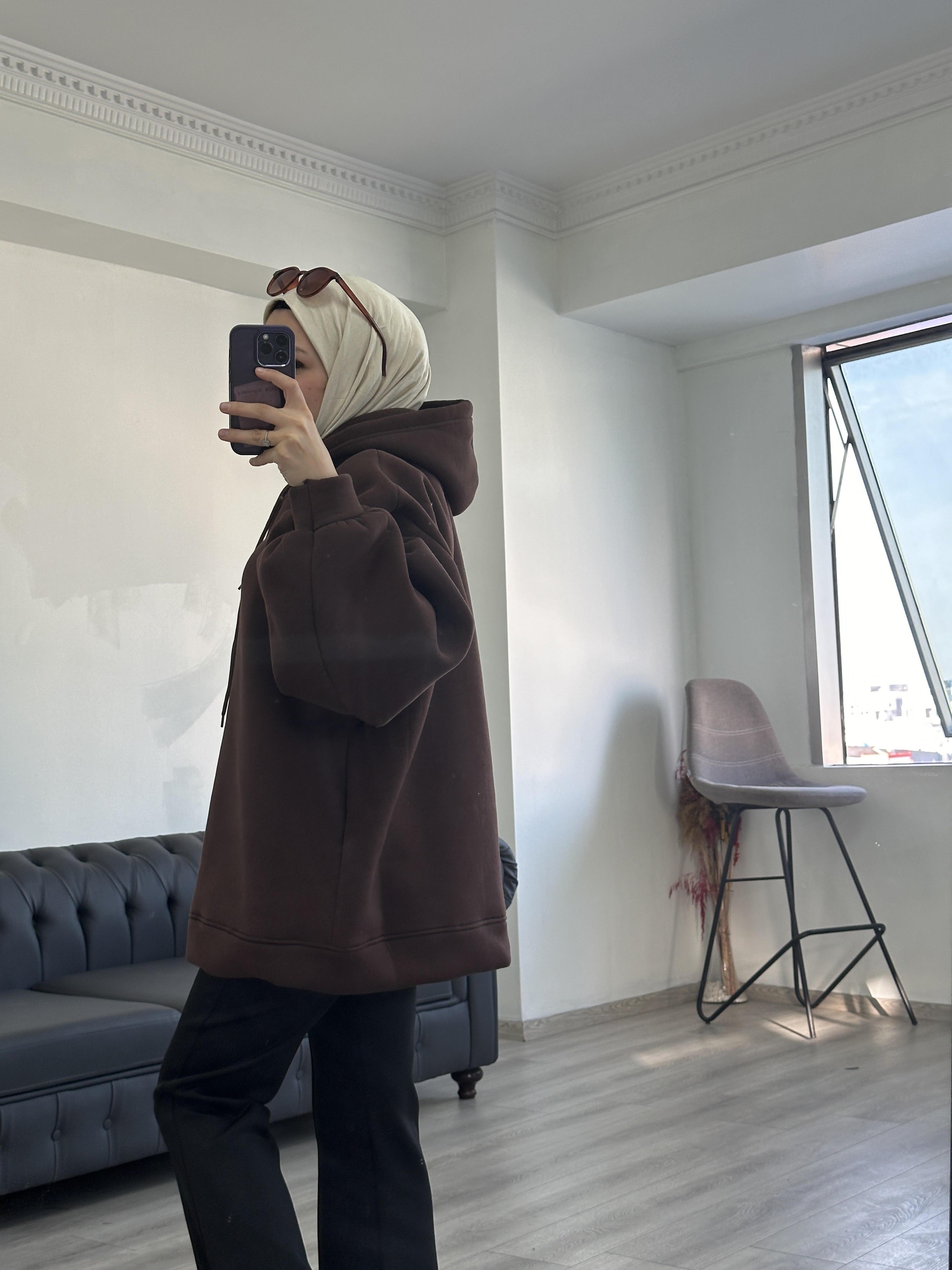 3 İplik Sweatshit Kapşonlu Acı Kahve
