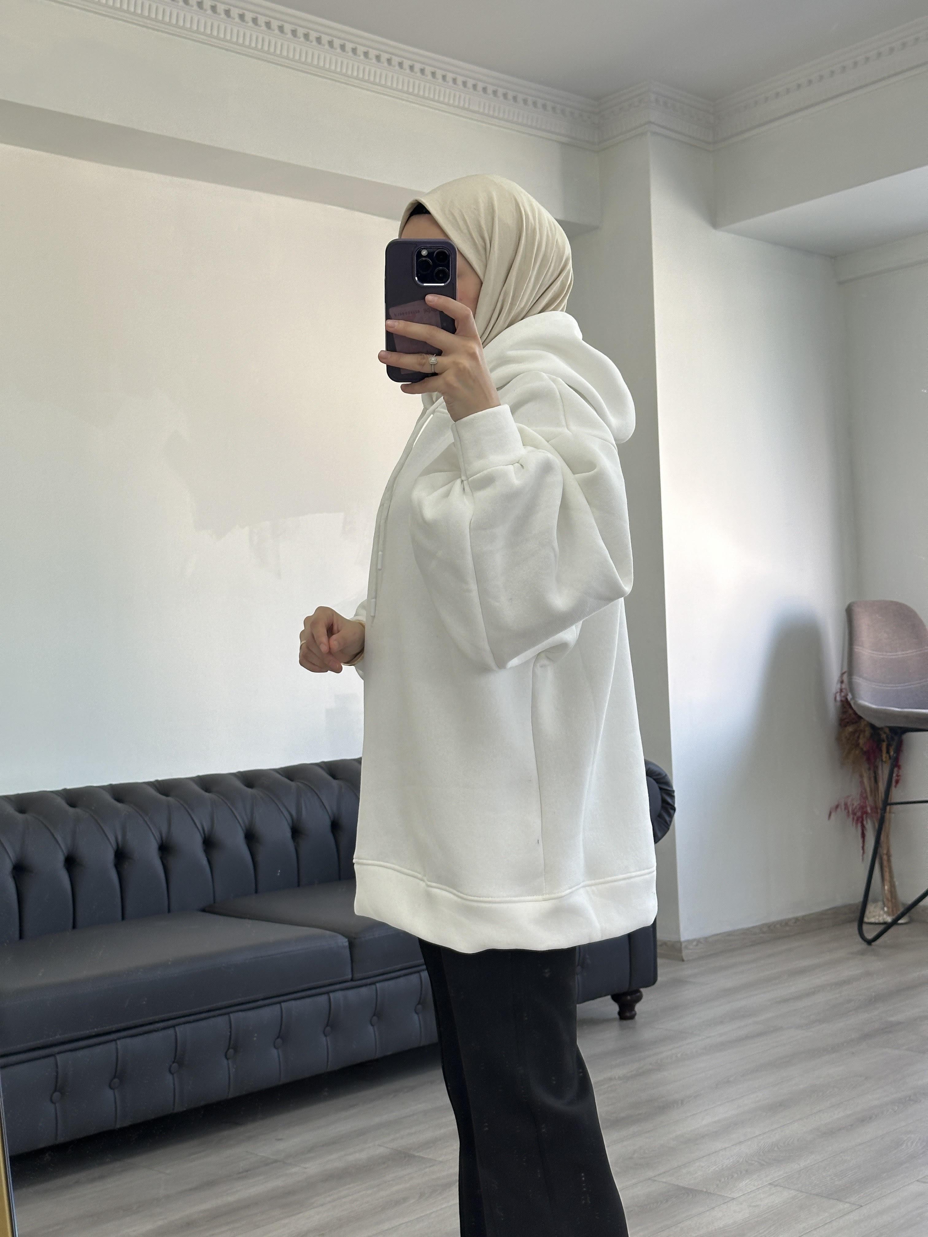 3 İplik Sweatshit Kapşonlu Beyaz