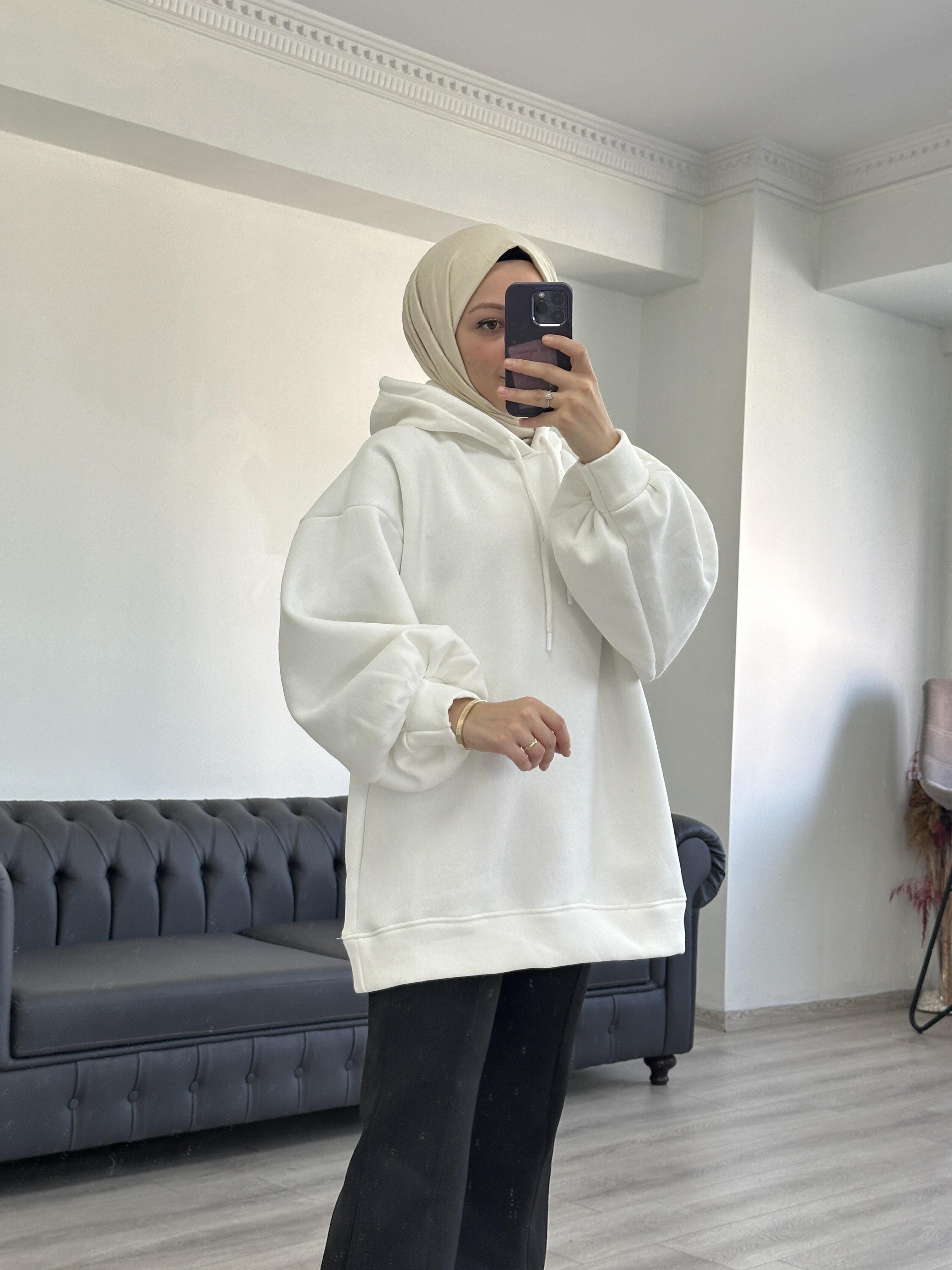 3 İplik Sweatshit Kapşonlu Beyaz