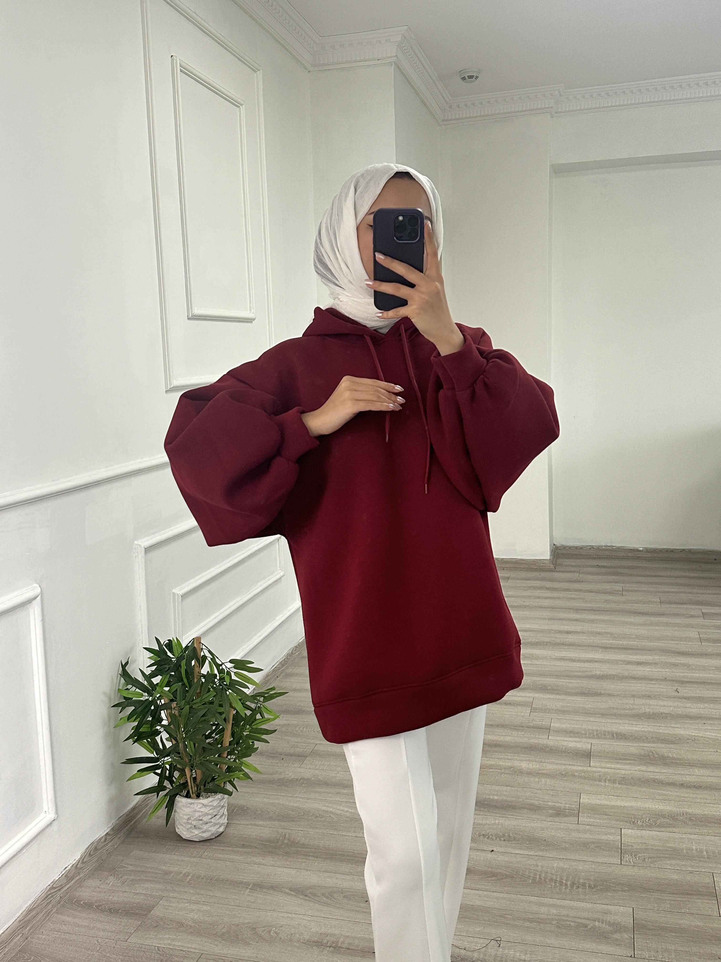 3 İplik Sweatshit Kapşonlu Bordo