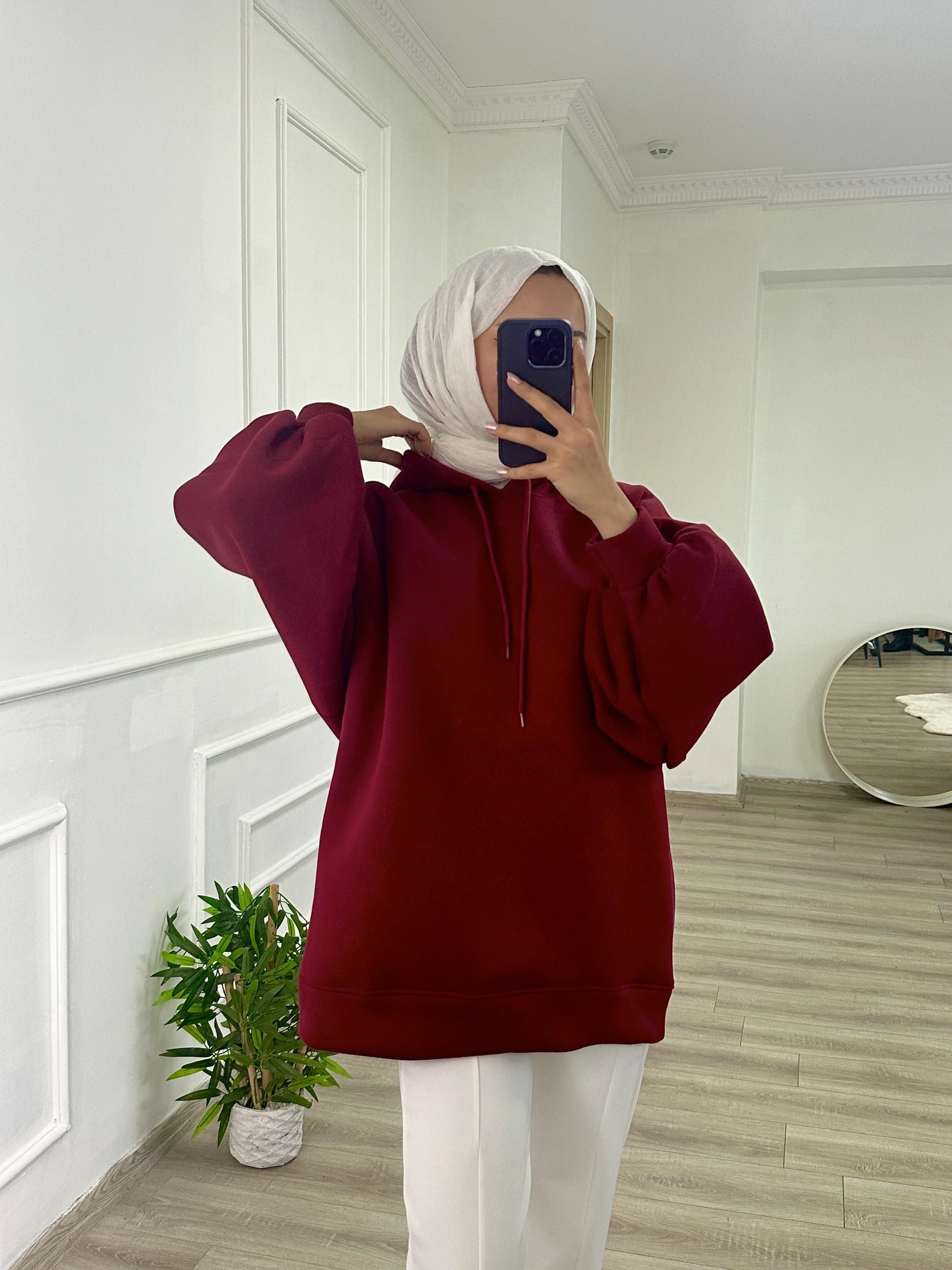 3 İplik Sweatshit Kapşonlu Bordo