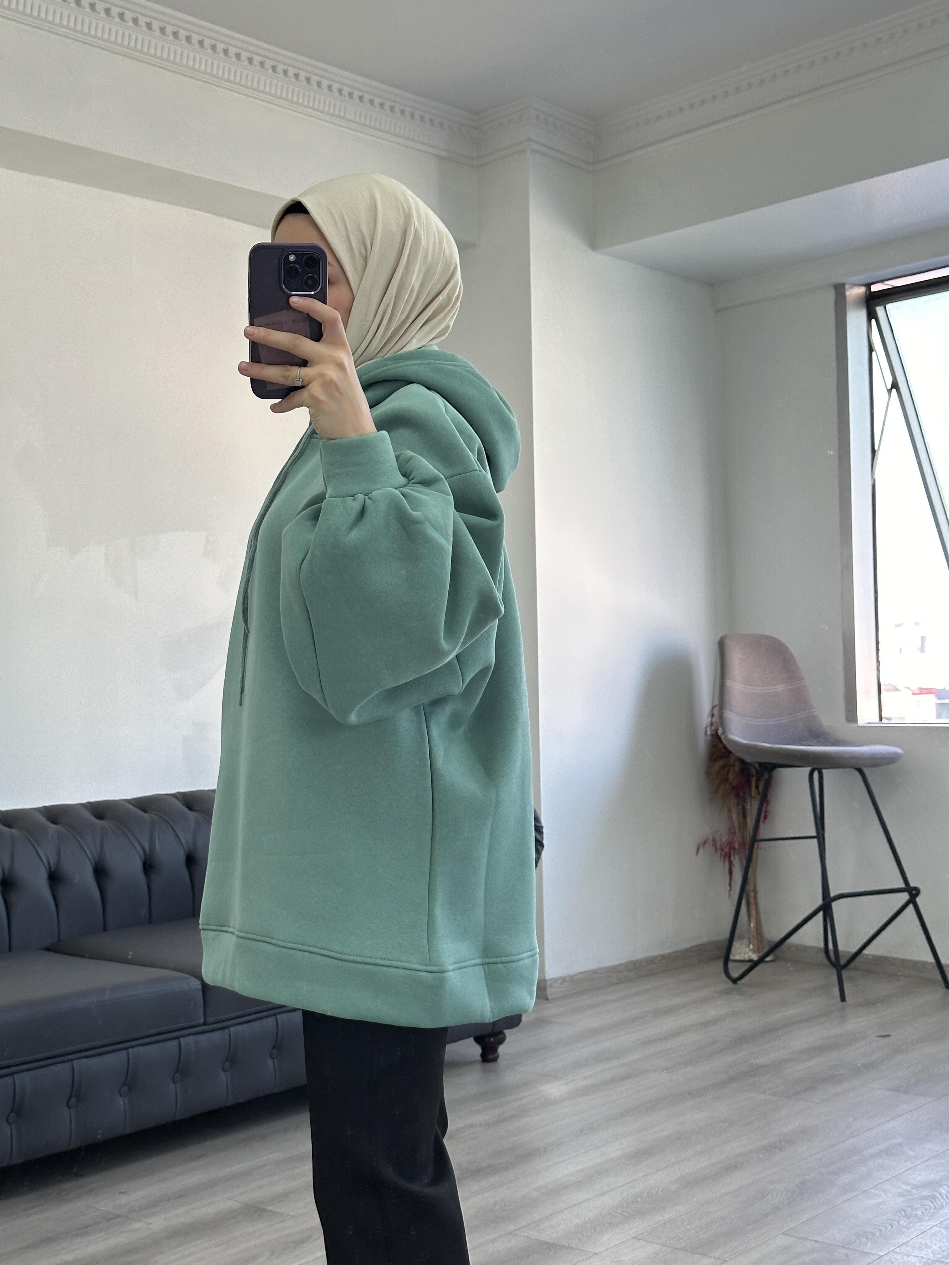 3 İplik Sweatshit Kapşonlu Çağla Yeşili