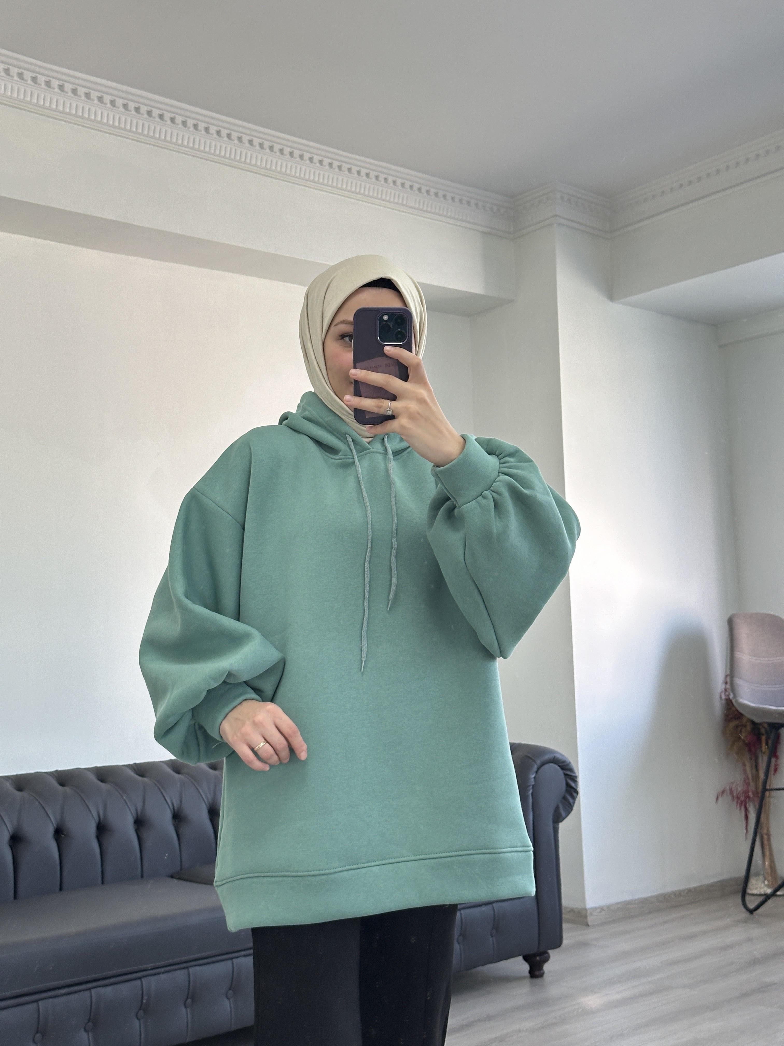 3 İplik Sweatshit Kapşonlu Çağla Yeşili