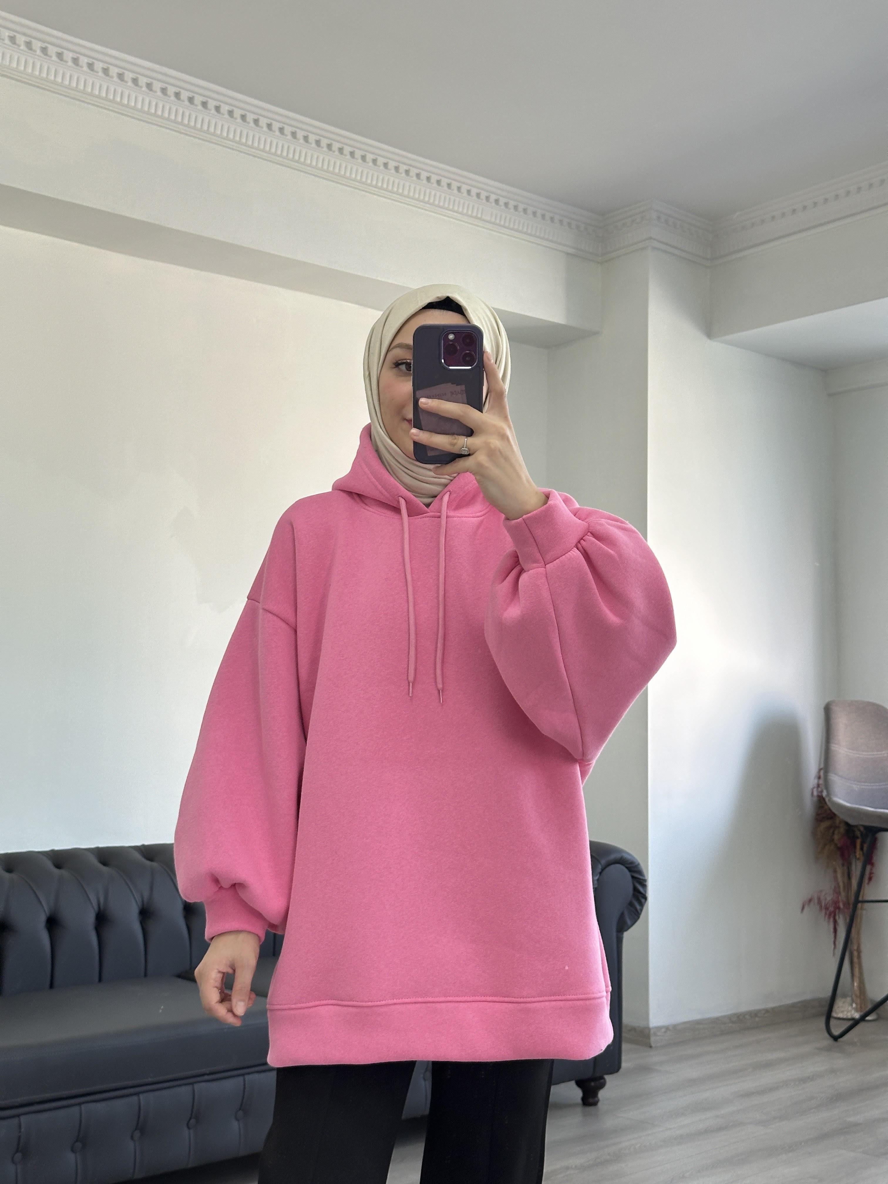 3 İplik Sweatshit Kapşonlu Pembe