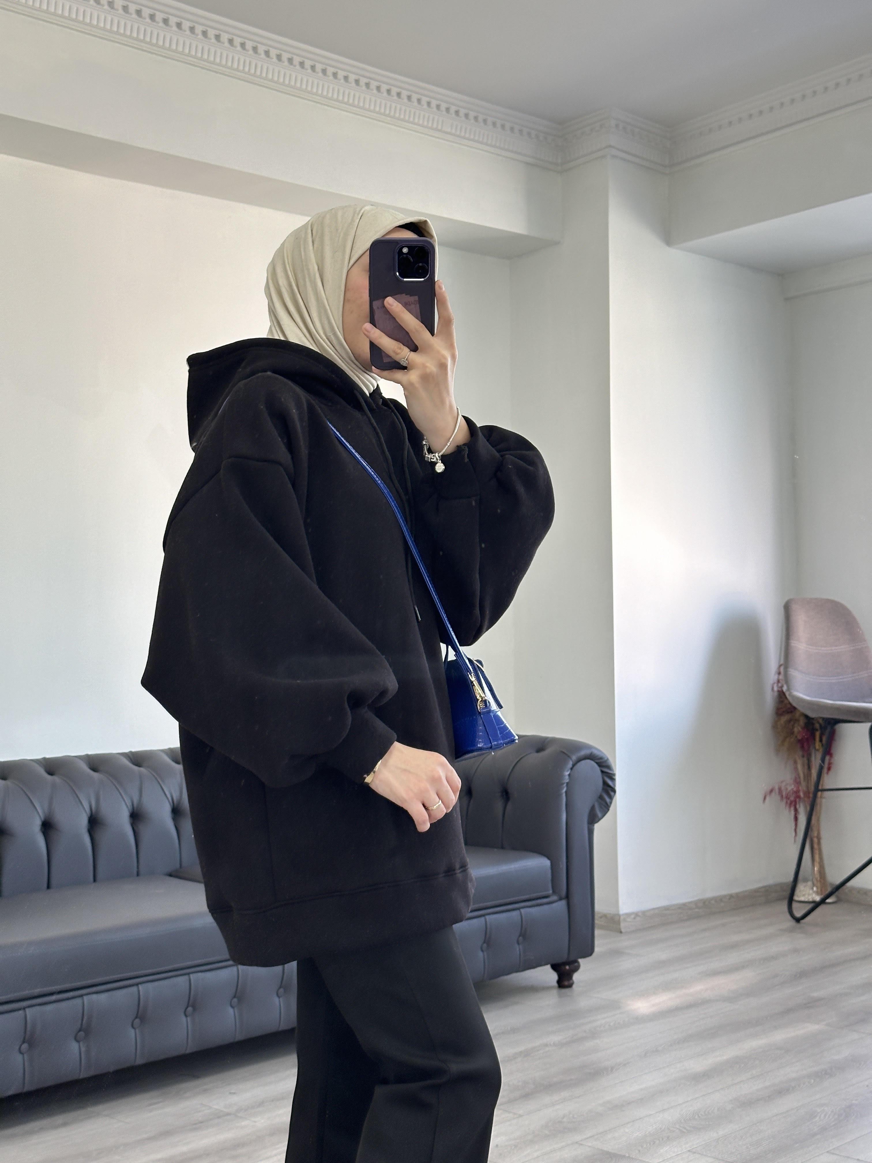 3 İplik Sweatshit Kapşonlu Siyah