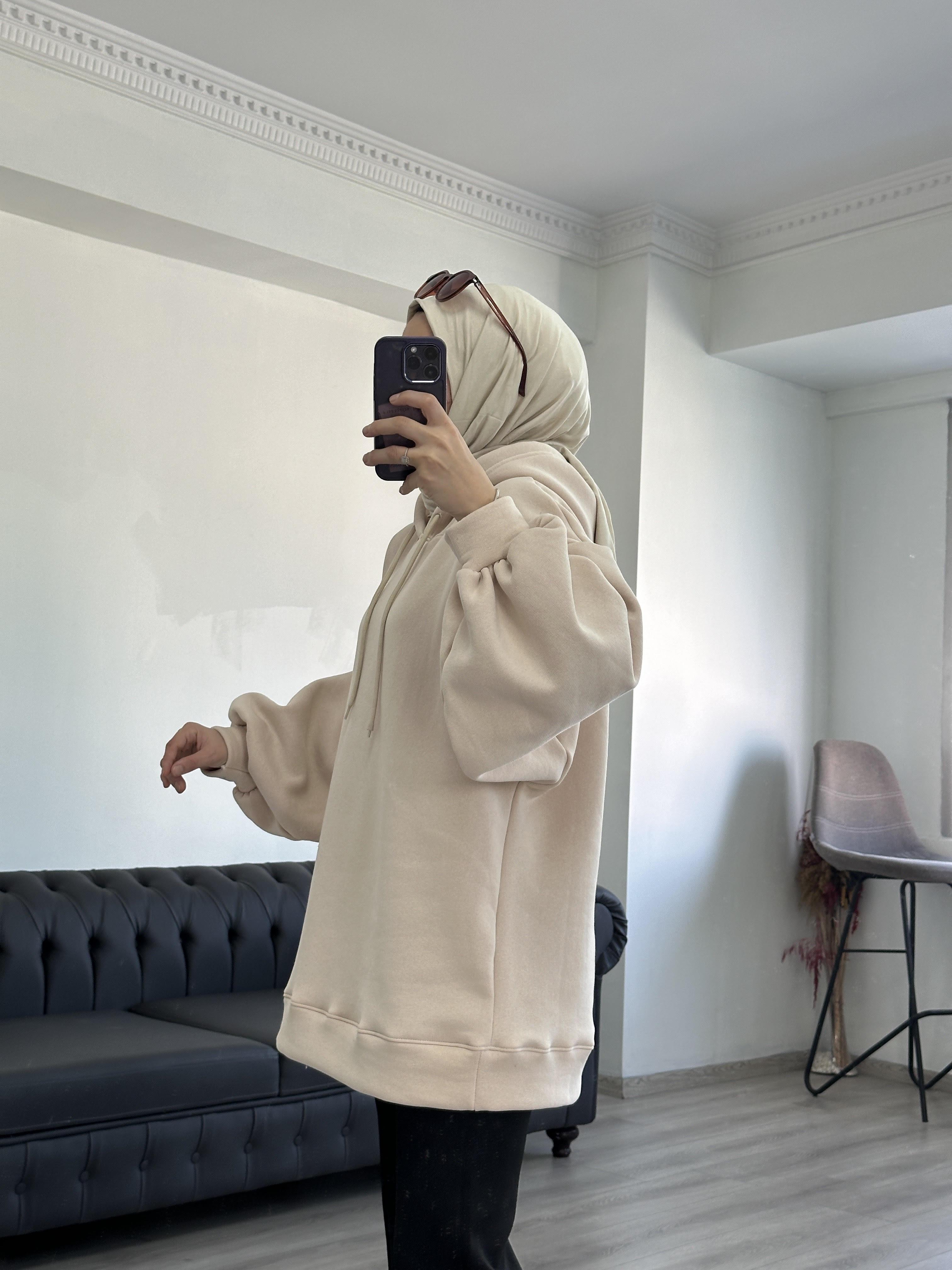 3 İplik Sweatshit Kapşonlu Taş Rengi