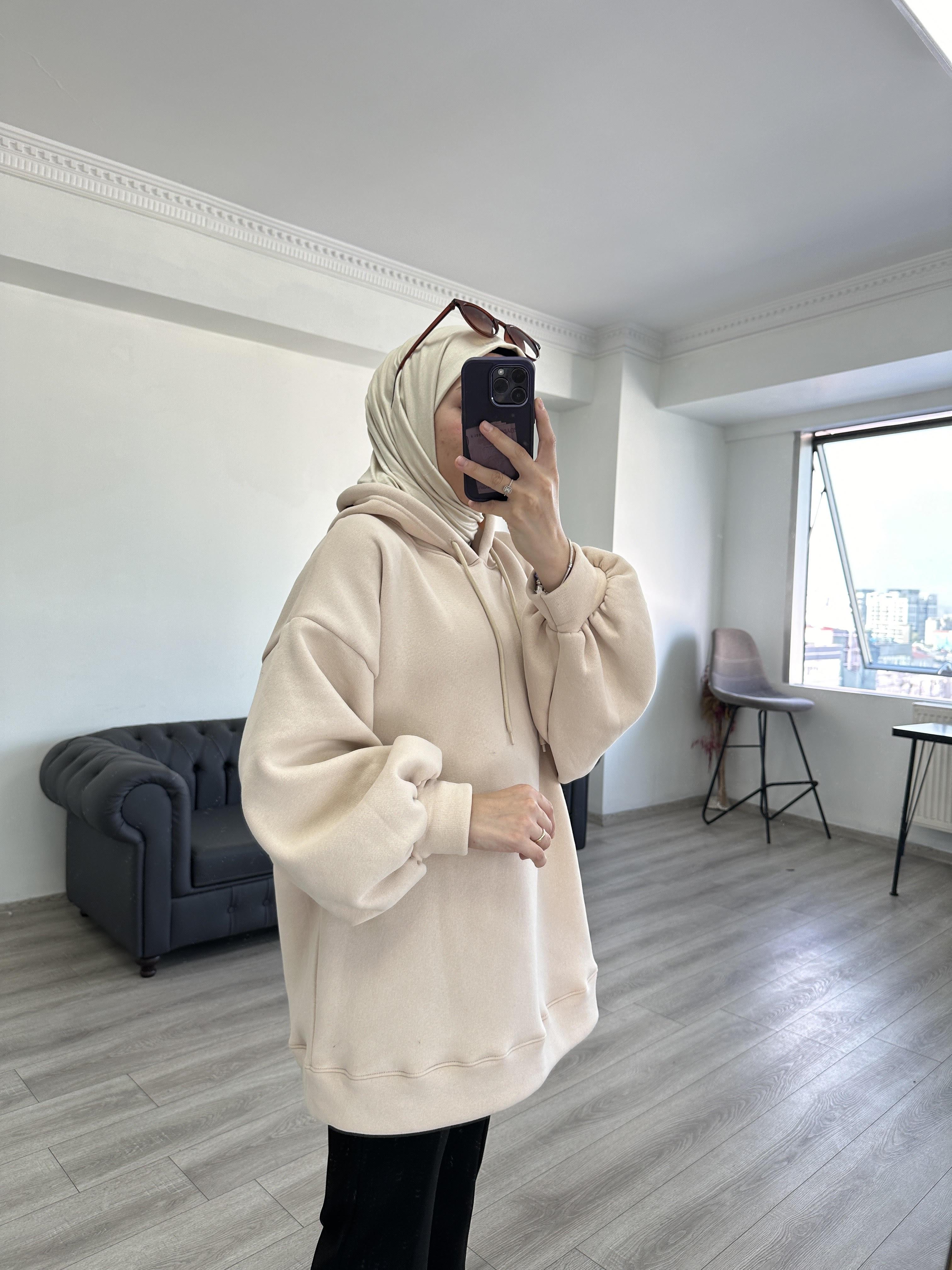 3 İplik Sweatshit Kapşonlu Taş Rengi