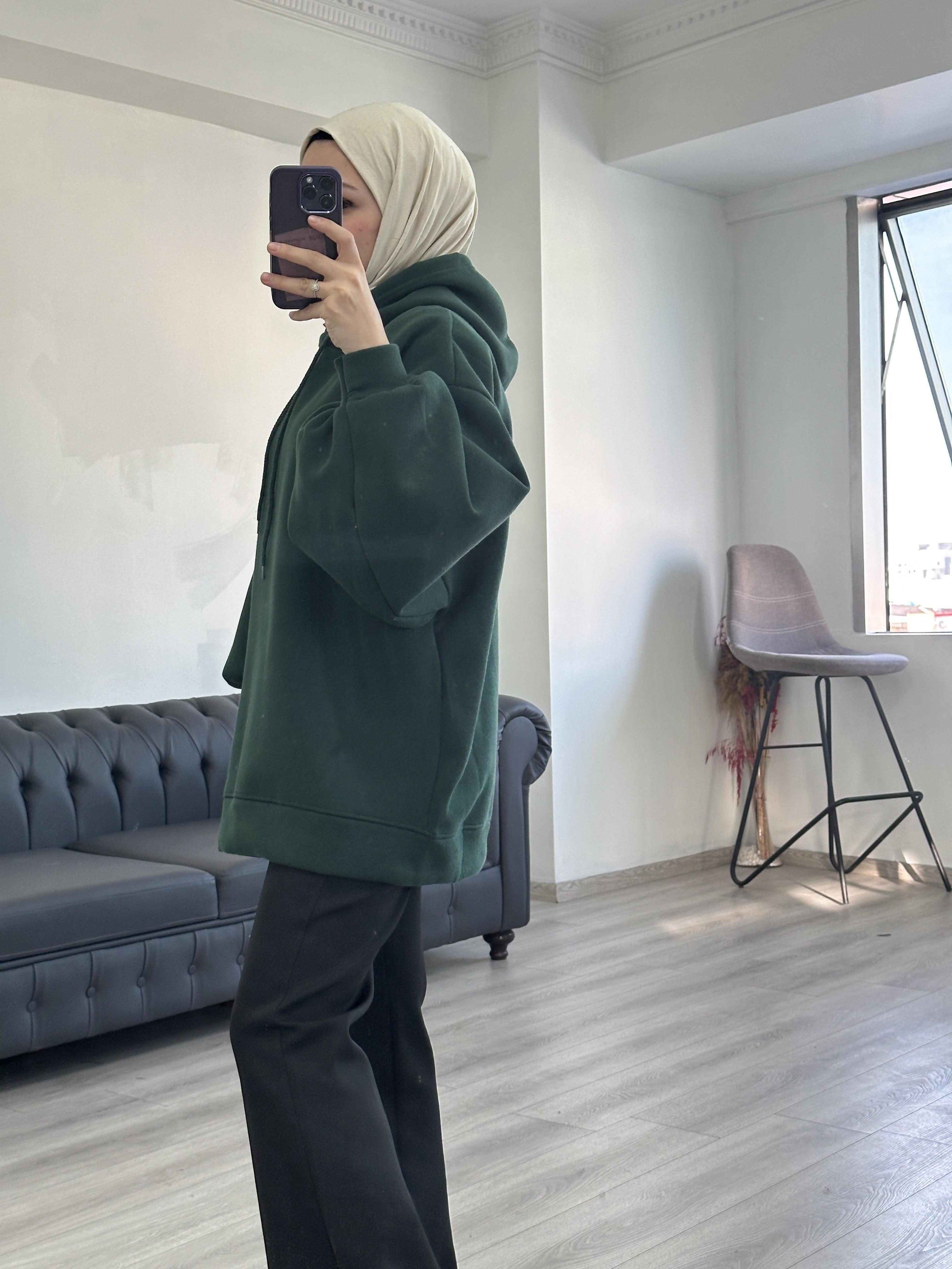 3 İplik Sweatshit Kapşonlu Zümrüt Yeşili