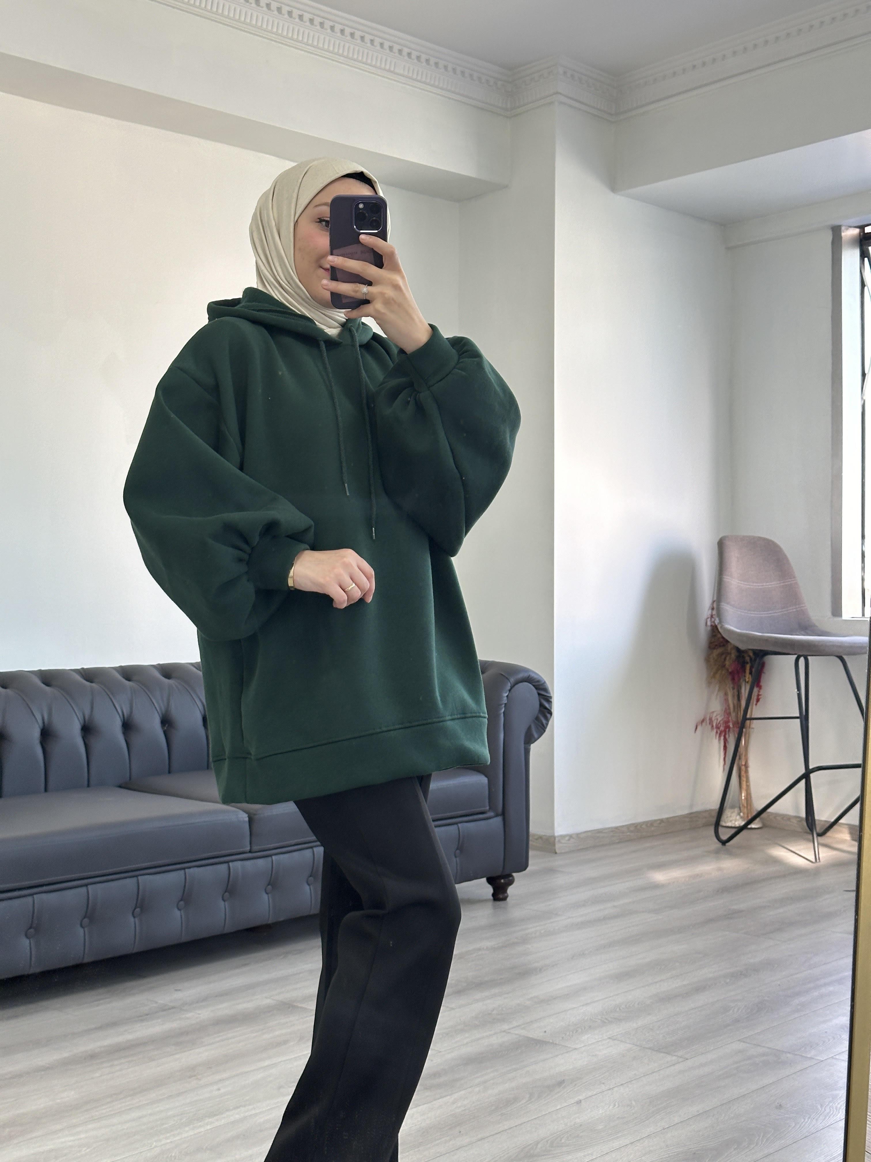 3 İplik Sweatshit Kapşonlu Zümrüt Yeşili