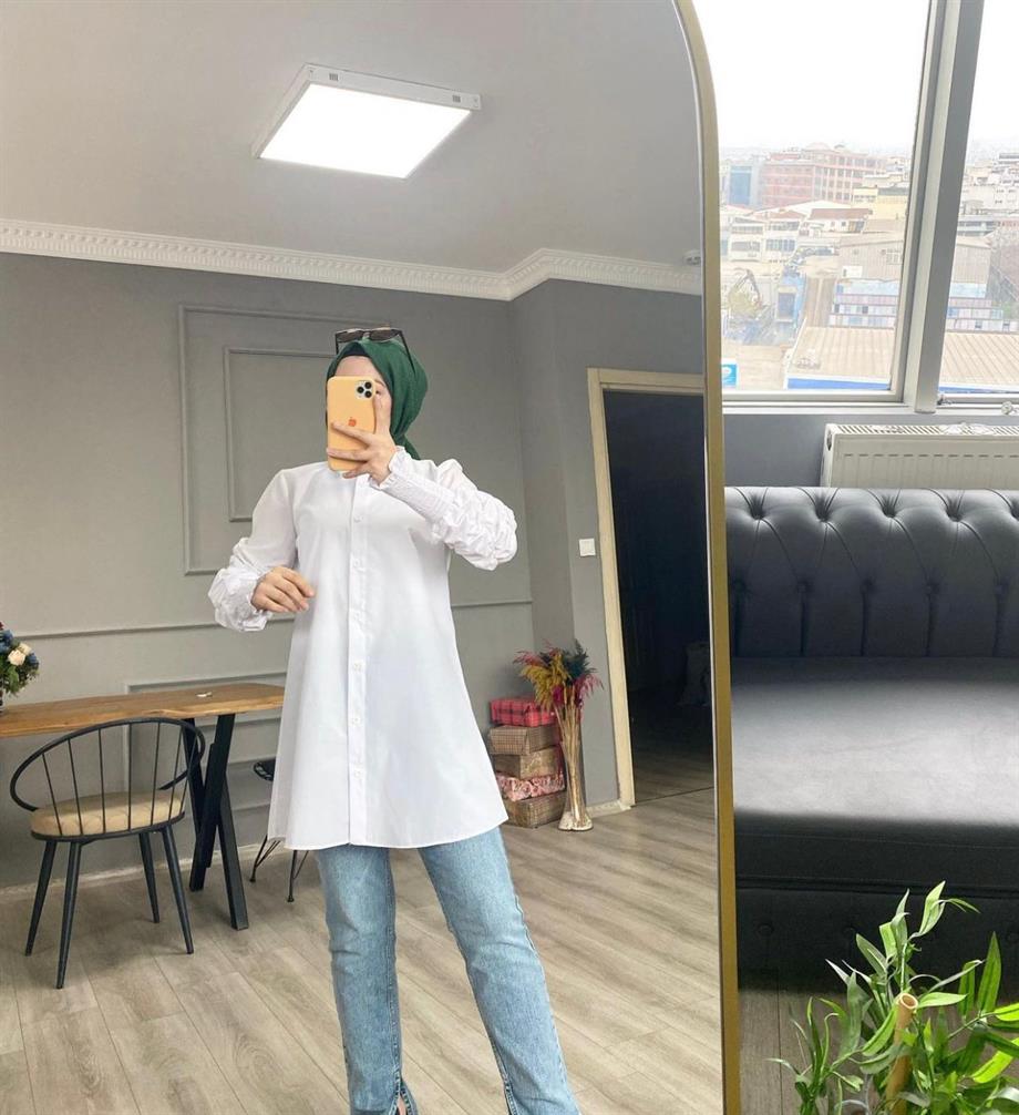 Büzgü Kol Detaylı Gömlek Beyaz
