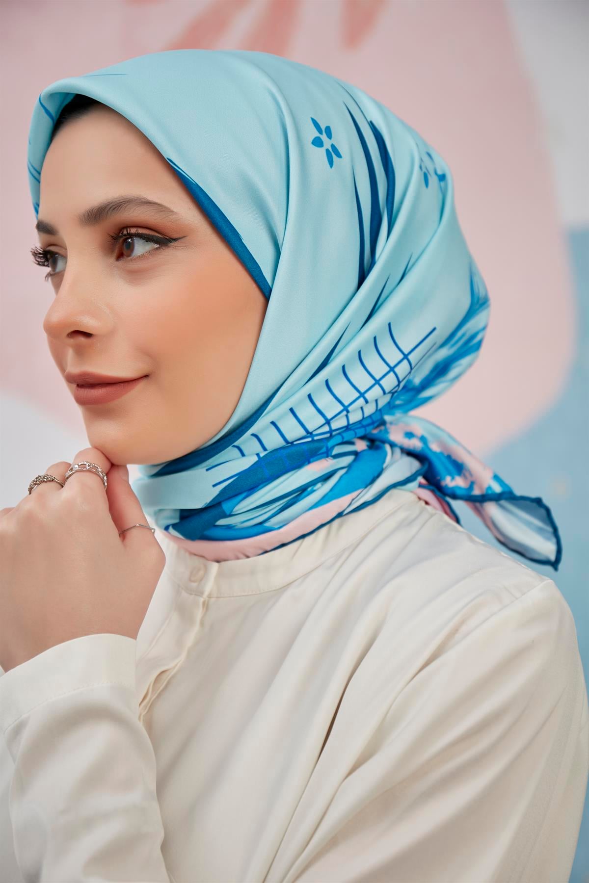 Dijital Baskılı Twill Eşarp Mavi