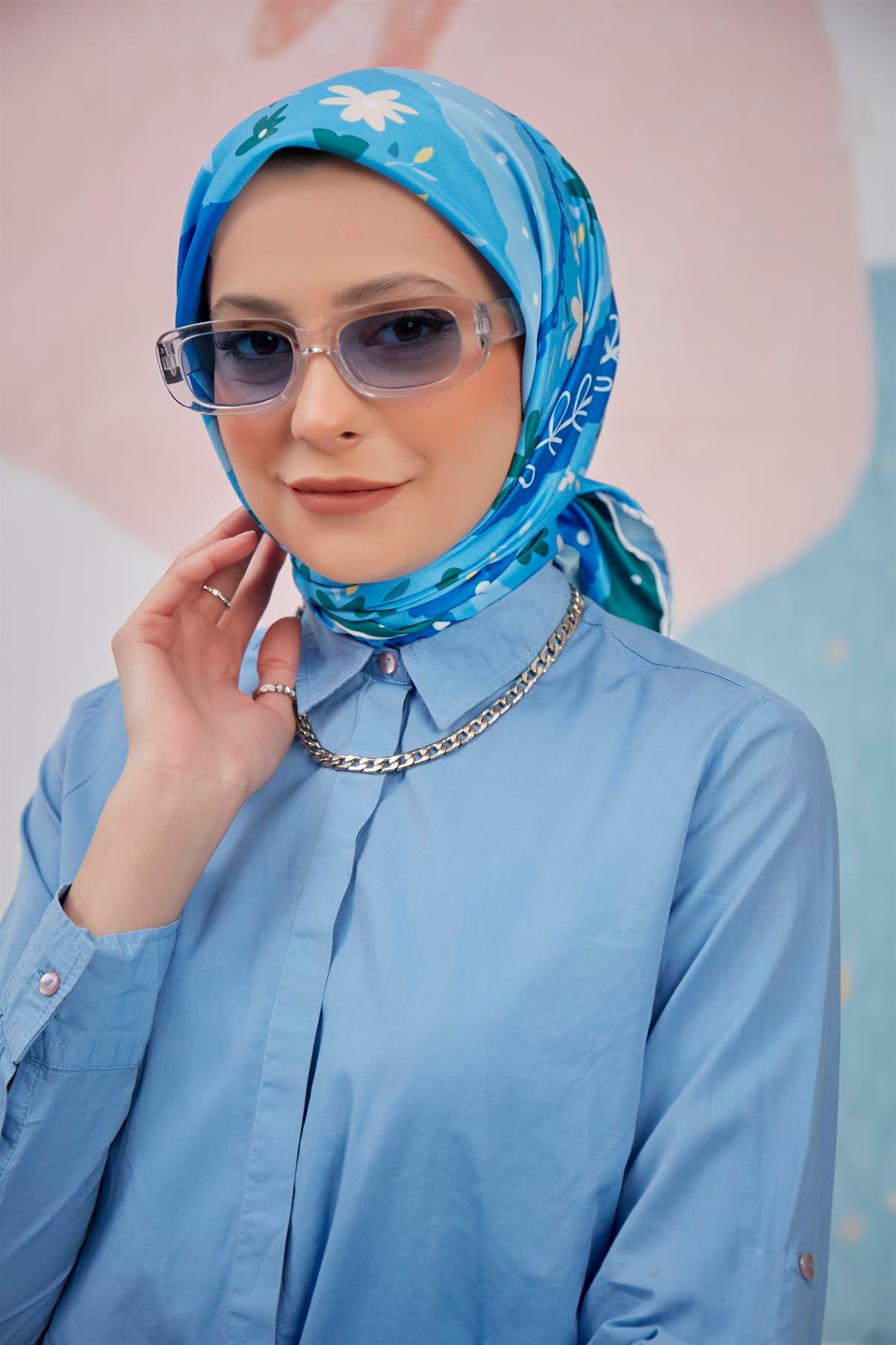 Dijital Baskılı Twill Eşarp Mavi
