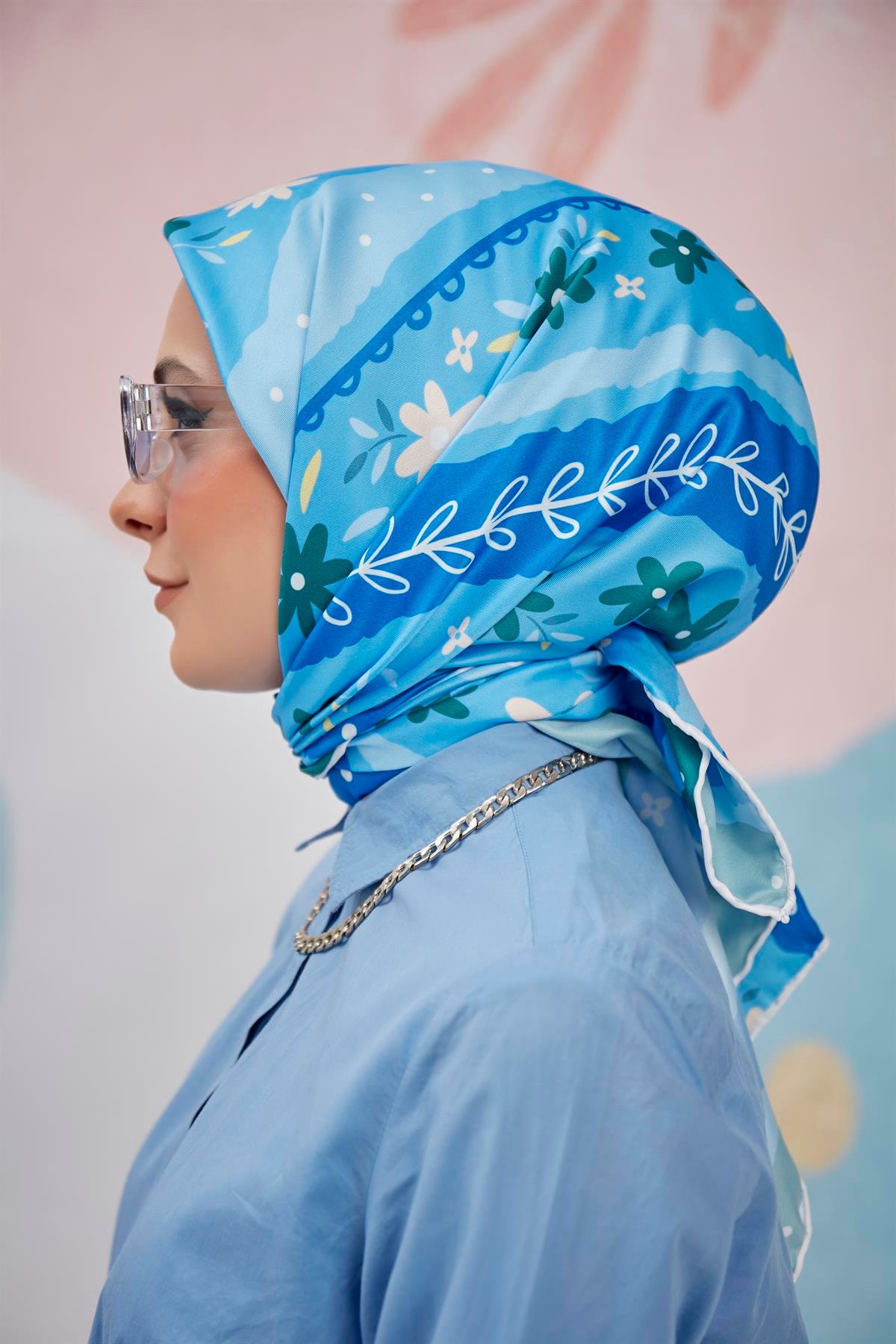 Dijital Baskılı Twill Eşarp Mavi