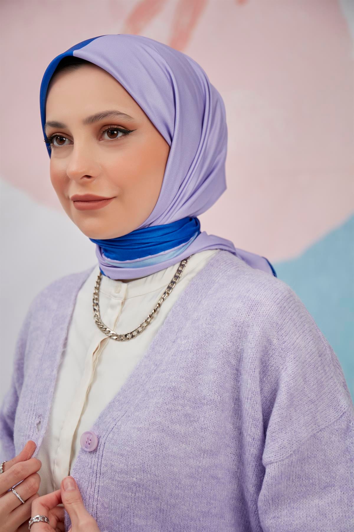 Dijital Baskılı Twill Eşarp Saks-Lila