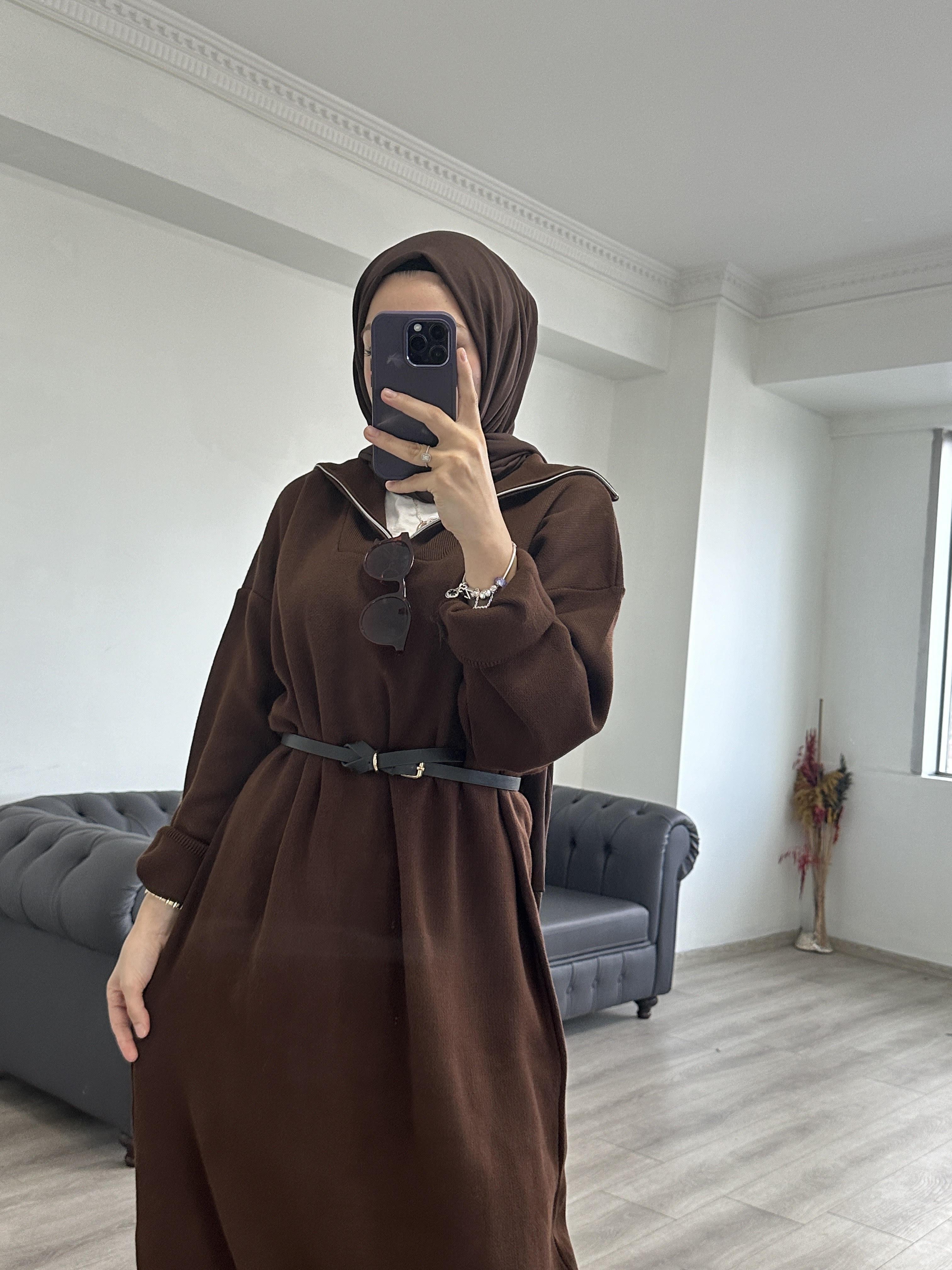 Fermuarlı Triko Elbise Acı Kahve