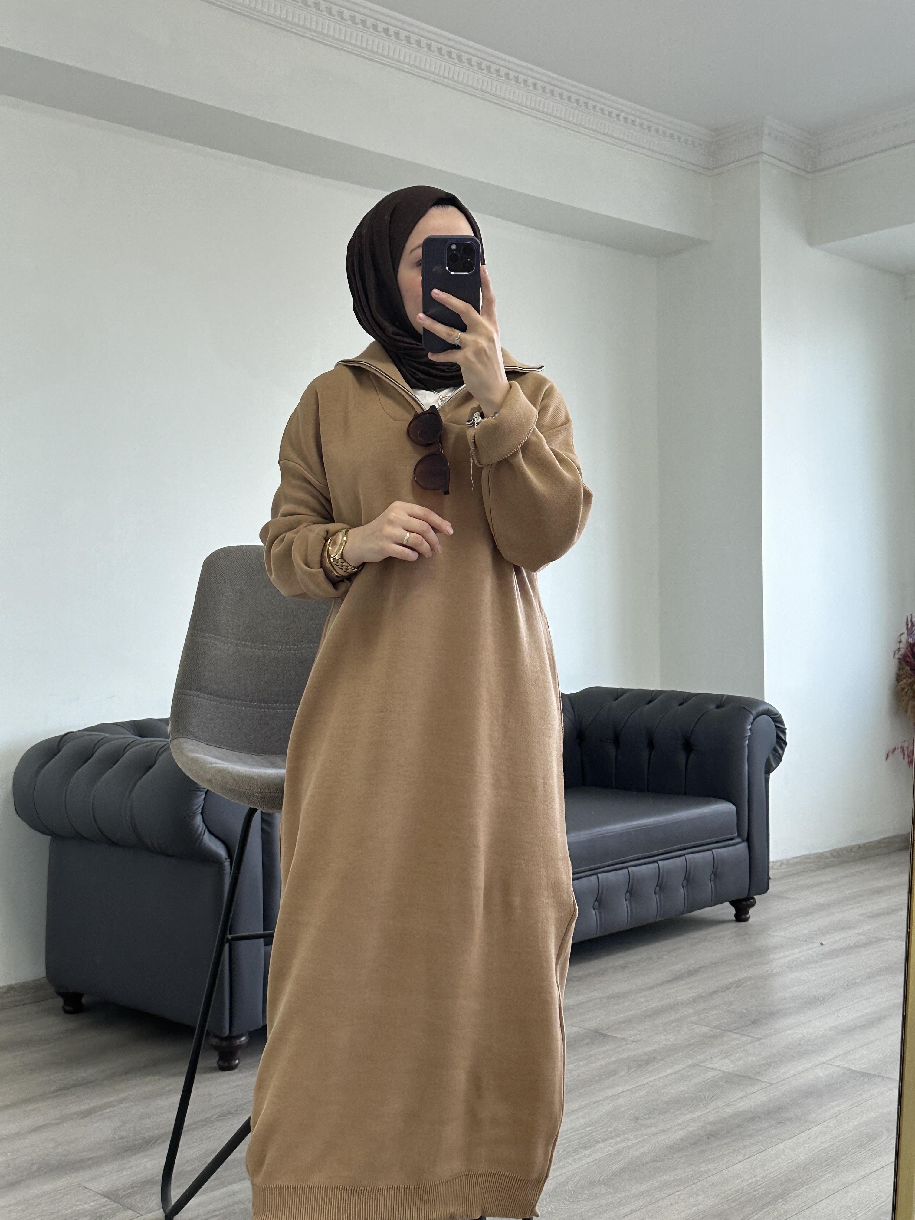 Fermuarlı Triko Elbise Bisküvi
