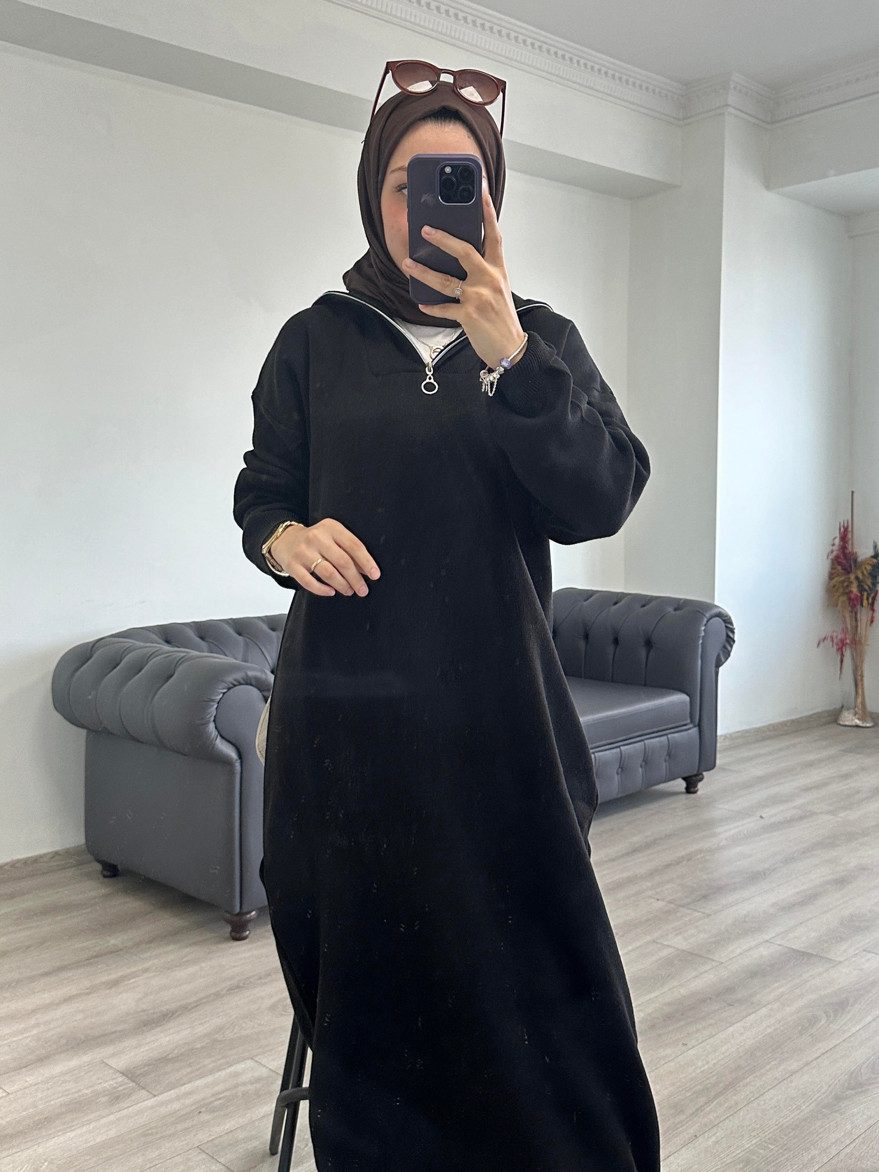 Fermuarlı Triko Elbise Siyah