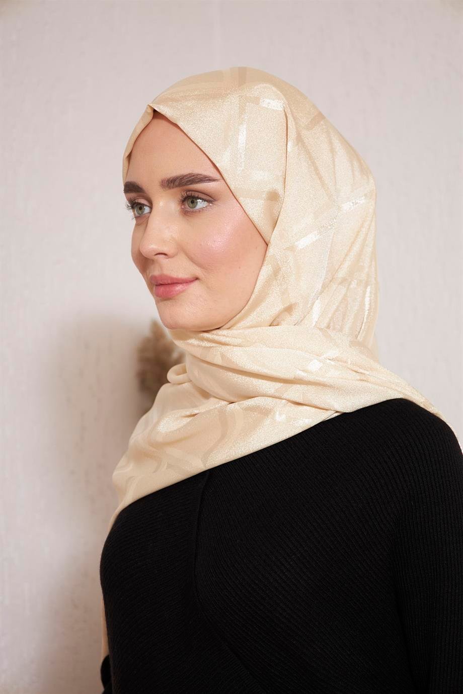 İpeksi İtalyan Jakar Şal Kare Desen Bej