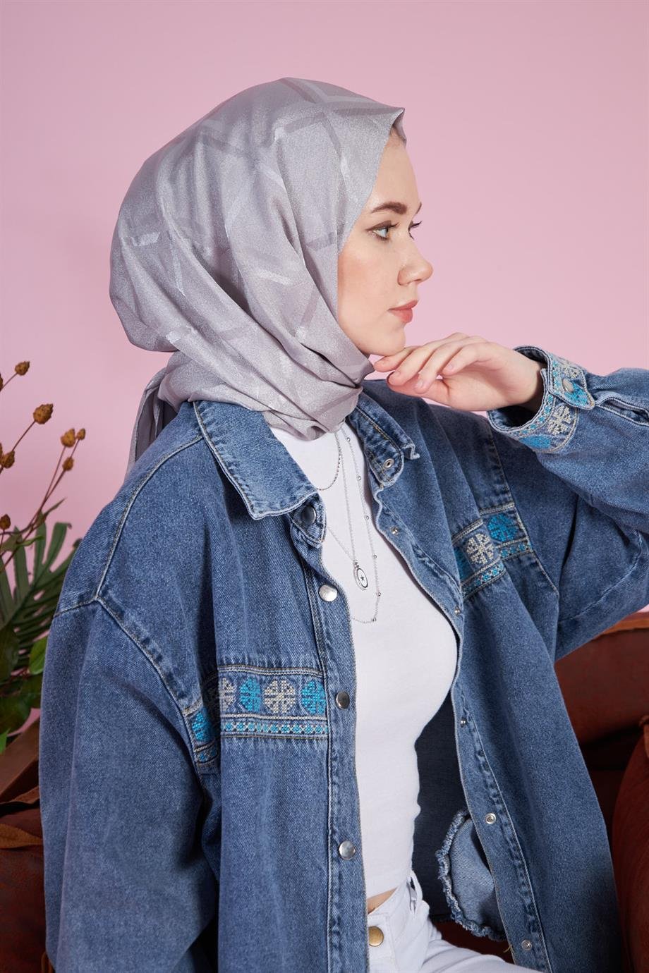 İpeksi İtalyan Jakar Şal Kare Desen Gri