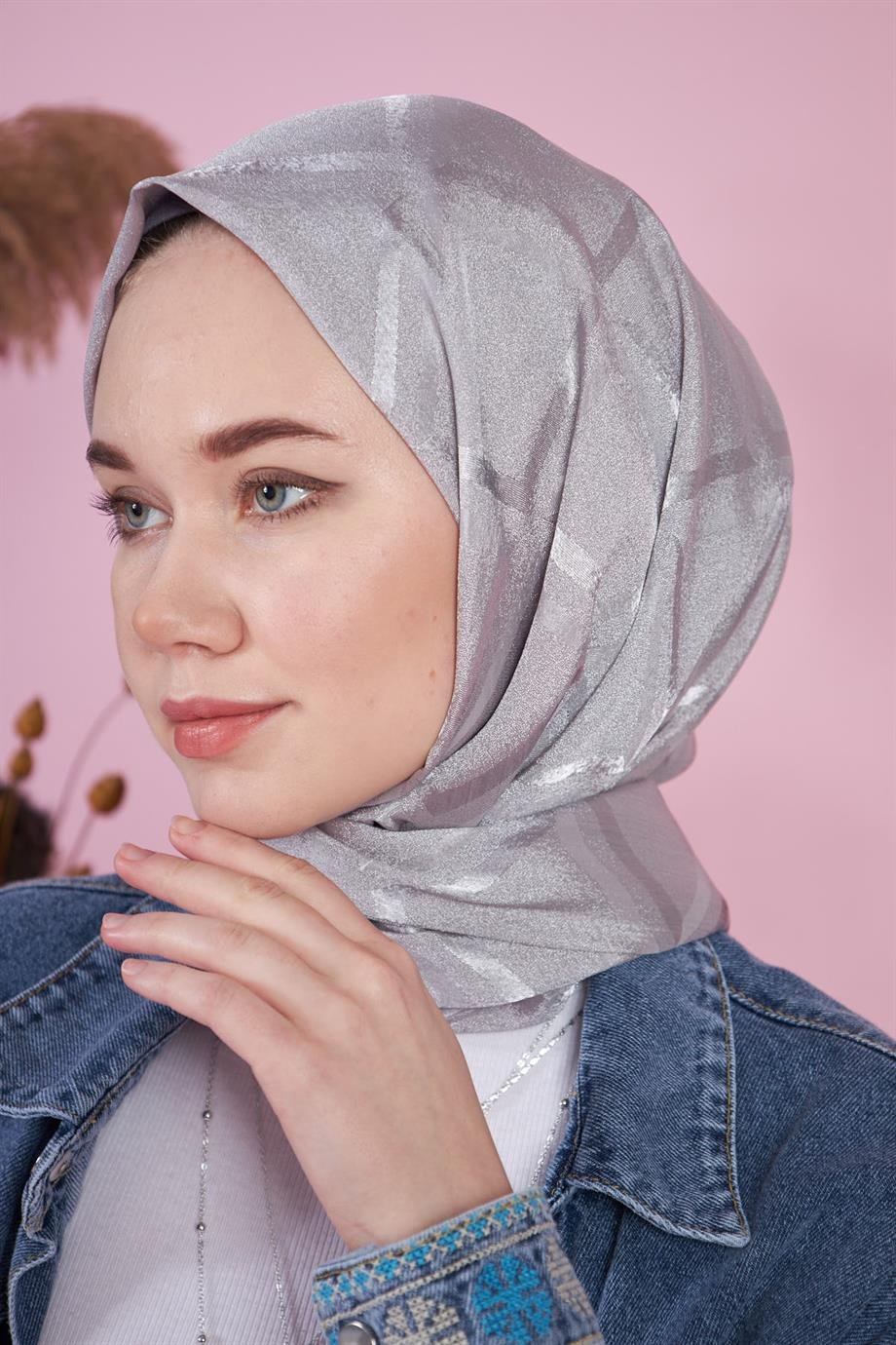 İpeksi İtalyan Jakar Şal Kare Desen Gri