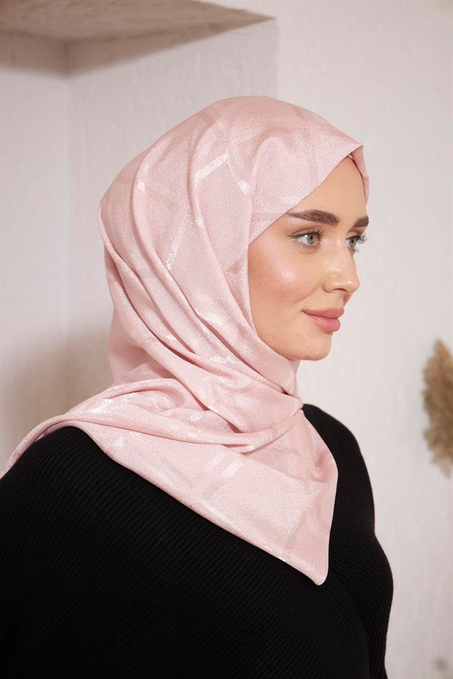 İpeksi İtalyan Jakar Şal Kare Desen Gül Kurusu