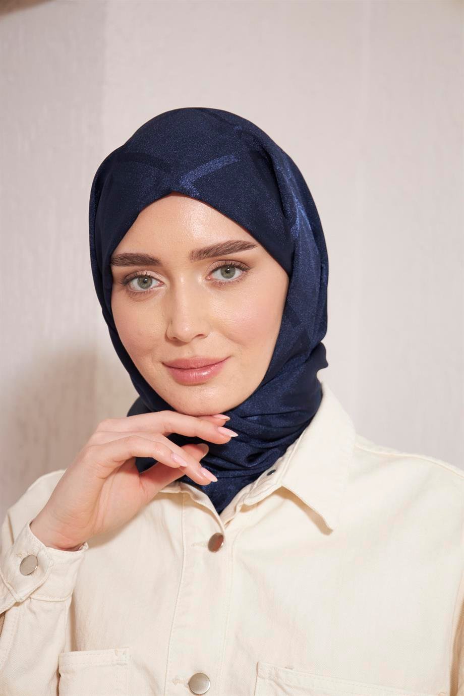 İpeksi İtalyan Jakar Şal Kare Desen Lacivert