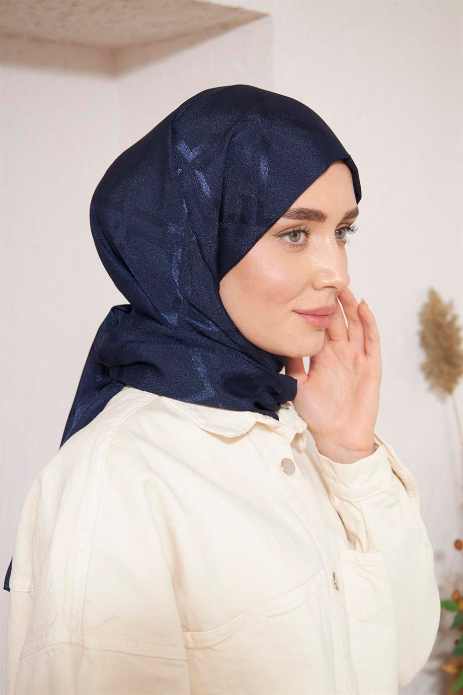 İpeksi İtalyan Jakar Şal Kare Desen Lacivert