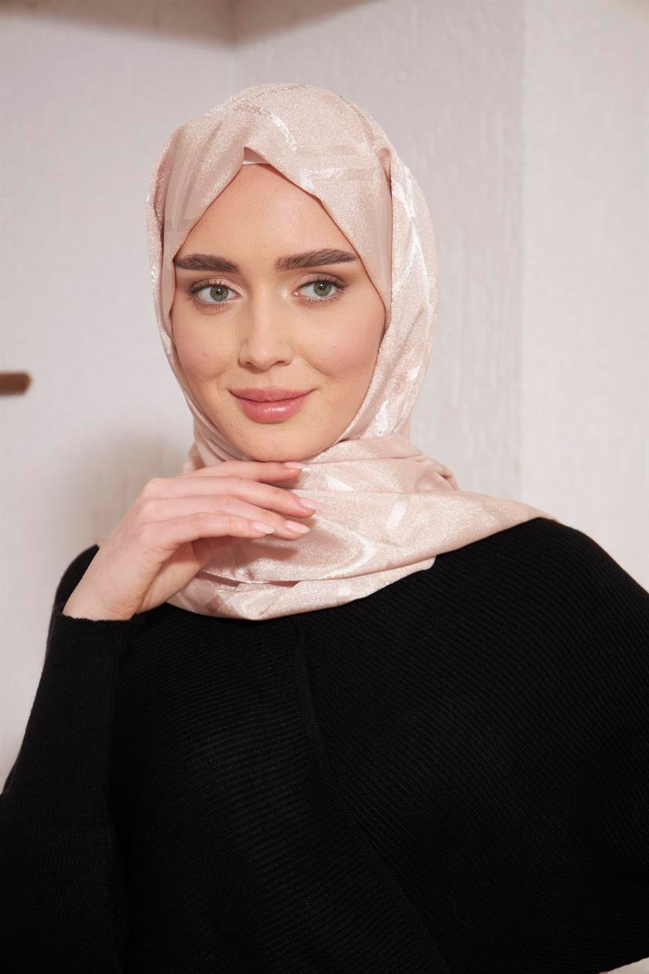İpeksi İtalyan Jakar Şal Kare Desen Sütlü Kahve
