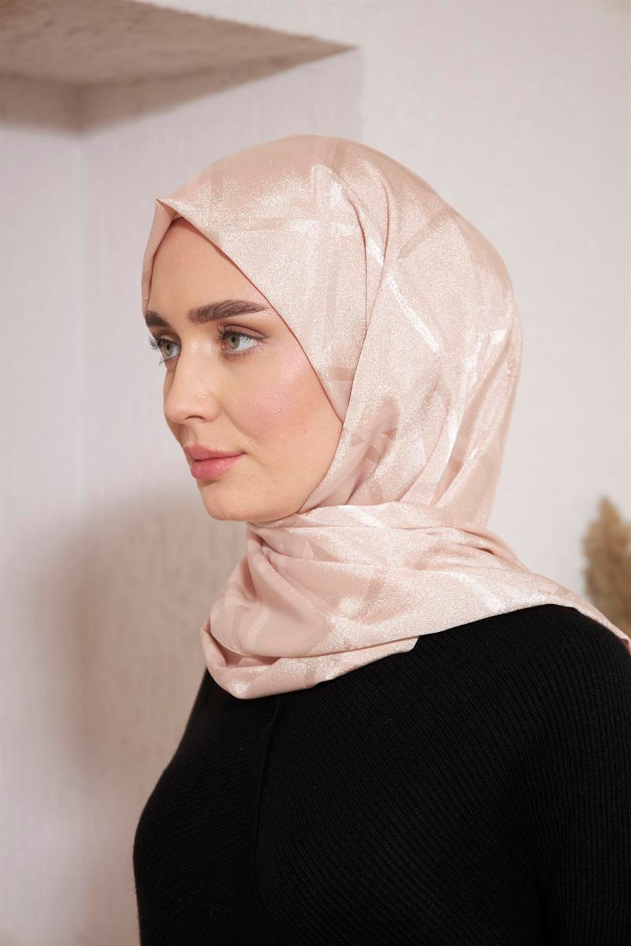 İpeksi İtalyan Jakar Şal Kare Desen Sütlü Kahve