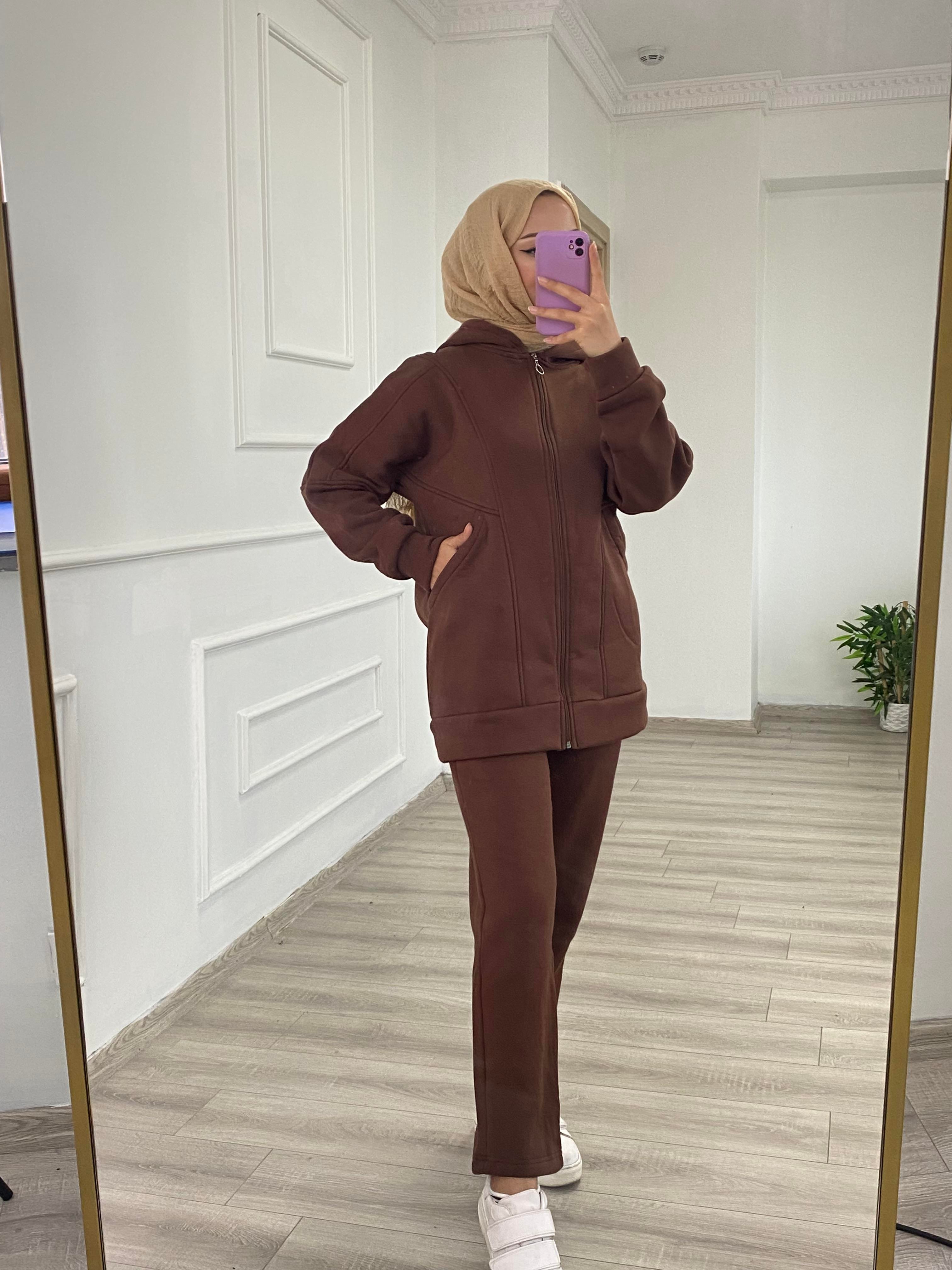 Premium Üç İplik Şardonlu Alt-Üst Takım Kahverengi