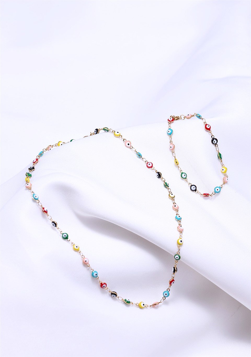 Altın Sarısı enkli Nazar Boncuk Motifli Çelik Kolye - Bileklik Kombin