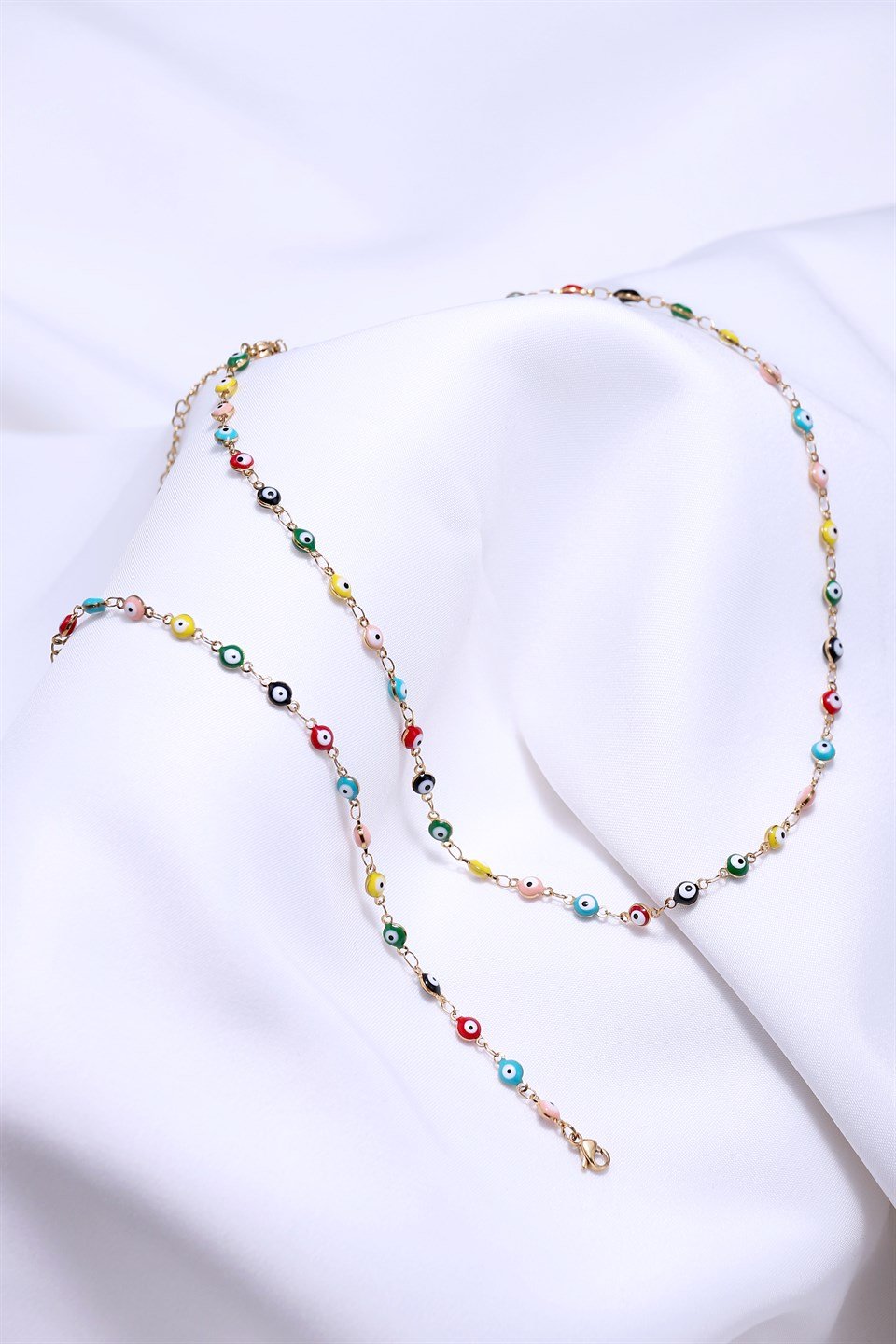 Altın Sarısı enkli Nazar Boncuk Motifli Çelik Kolye - Bileklik Kombin