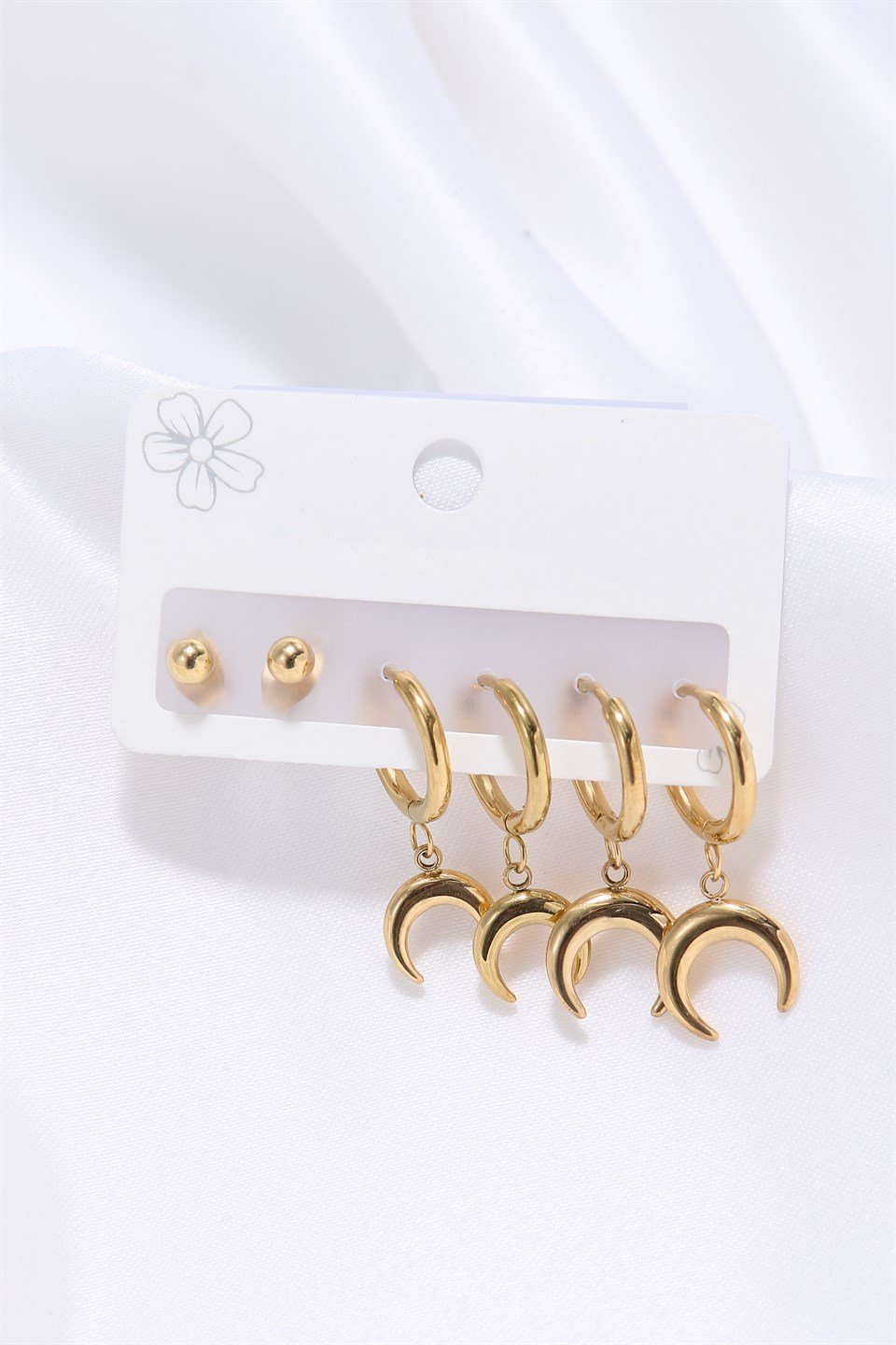 Altın Sarısı Renkli Ay Motifli Sallantılı Çelik 6'lı Küpe Seti 