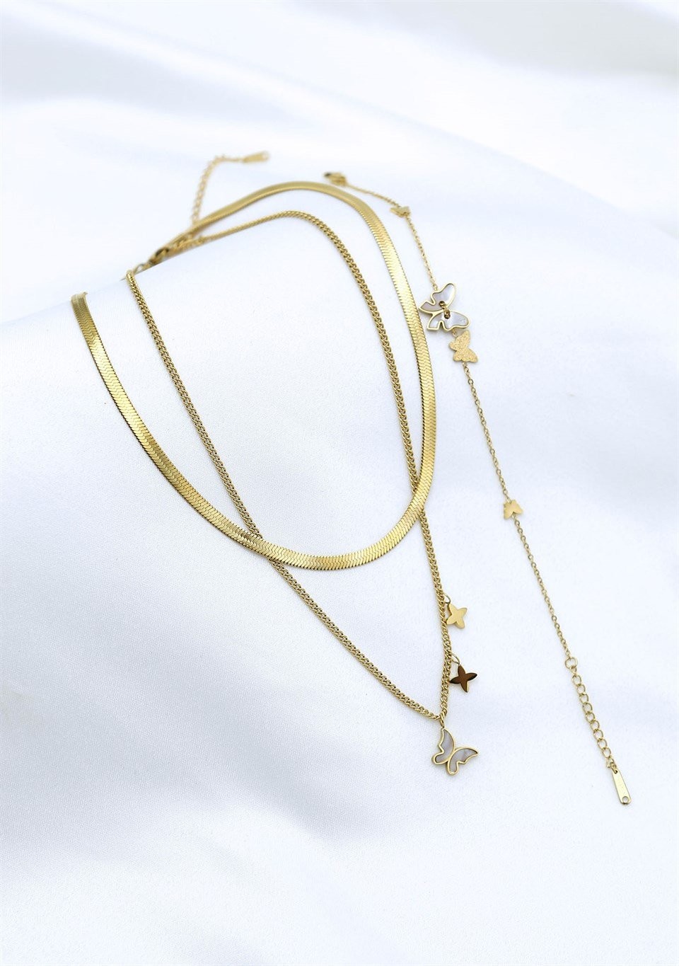 Altın Sarısı Renkli Kelebek Motifli Çelik Kolye-Bileklik Kombini