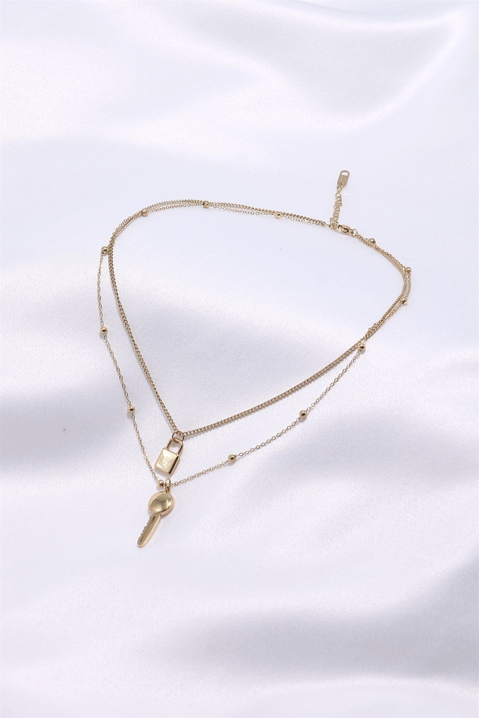 Altın Sarısı Renkli Kilit Anahtar Motifli 2'li Çelik Kolye