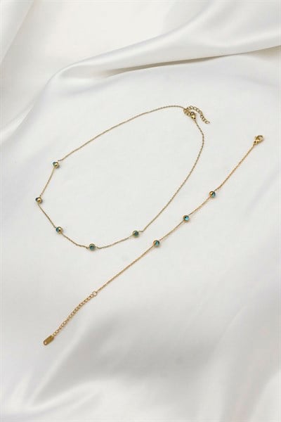 Altın Sarısı Renkli Nazar Boncuk Motifli Bileklik - Kolye Kombini